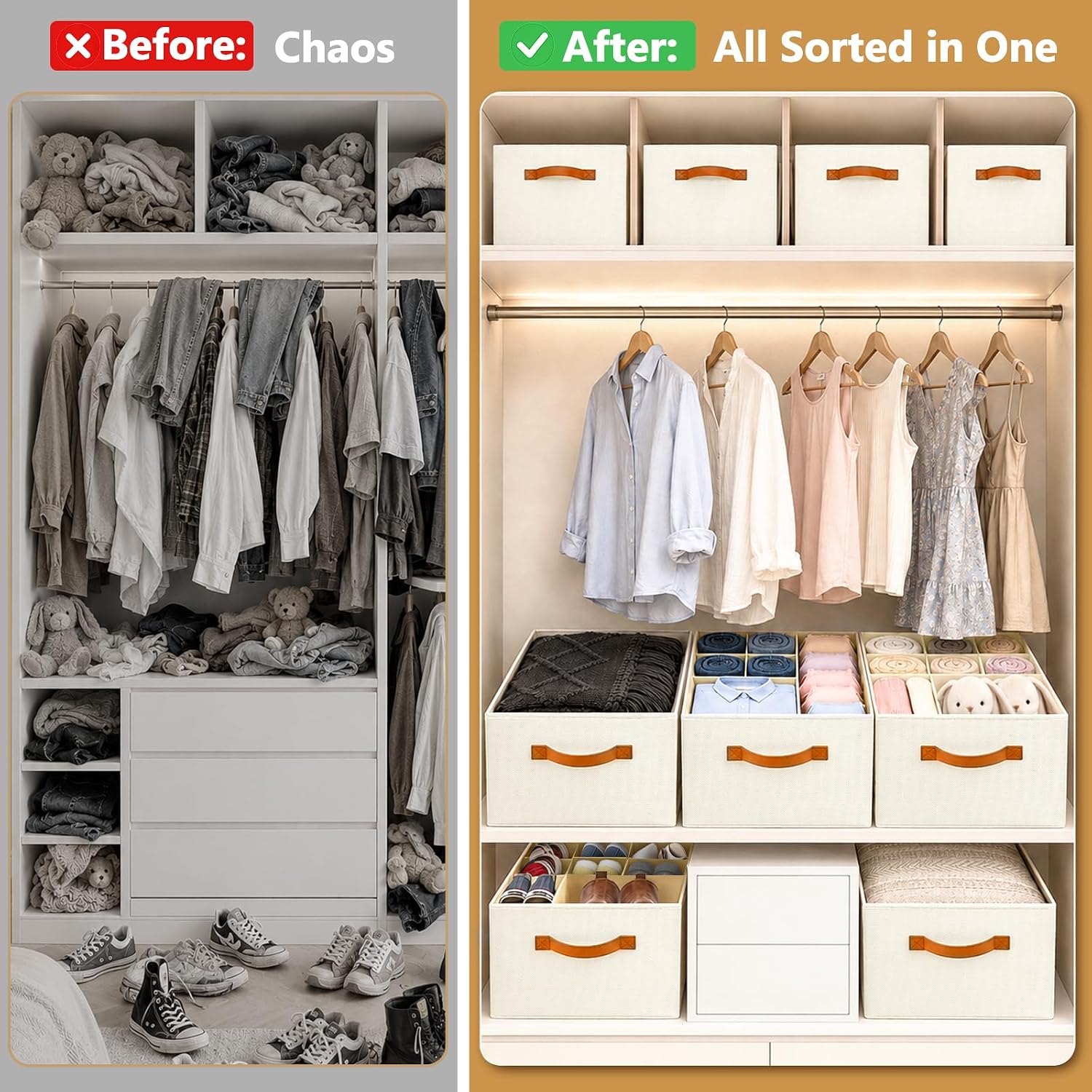 Adjustable Dividers Closet Organizers Bins, Versatile Storage Box - 1 Pack | Customizable Compartments, Stackable, Foldable Fabric Organizer for Clothing Bedding Toy Shoes, Wardrobe, Home Organization