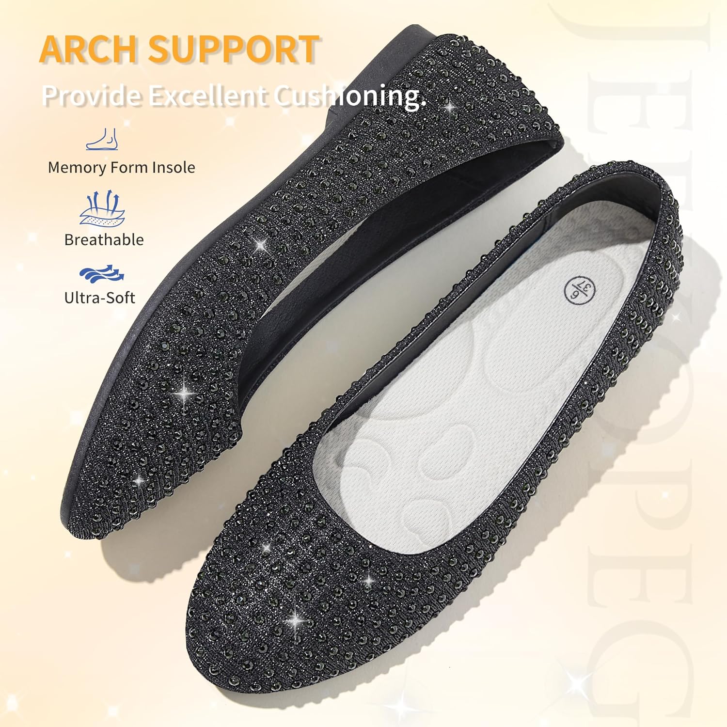 Jeekopeg Women Rhinestone Ballet Flats Sparkly Classic Round Toe Flats Comfortable Slip on Ballerina Flats Elegant Wedding Party Dress Shoes for Lady - Image 6