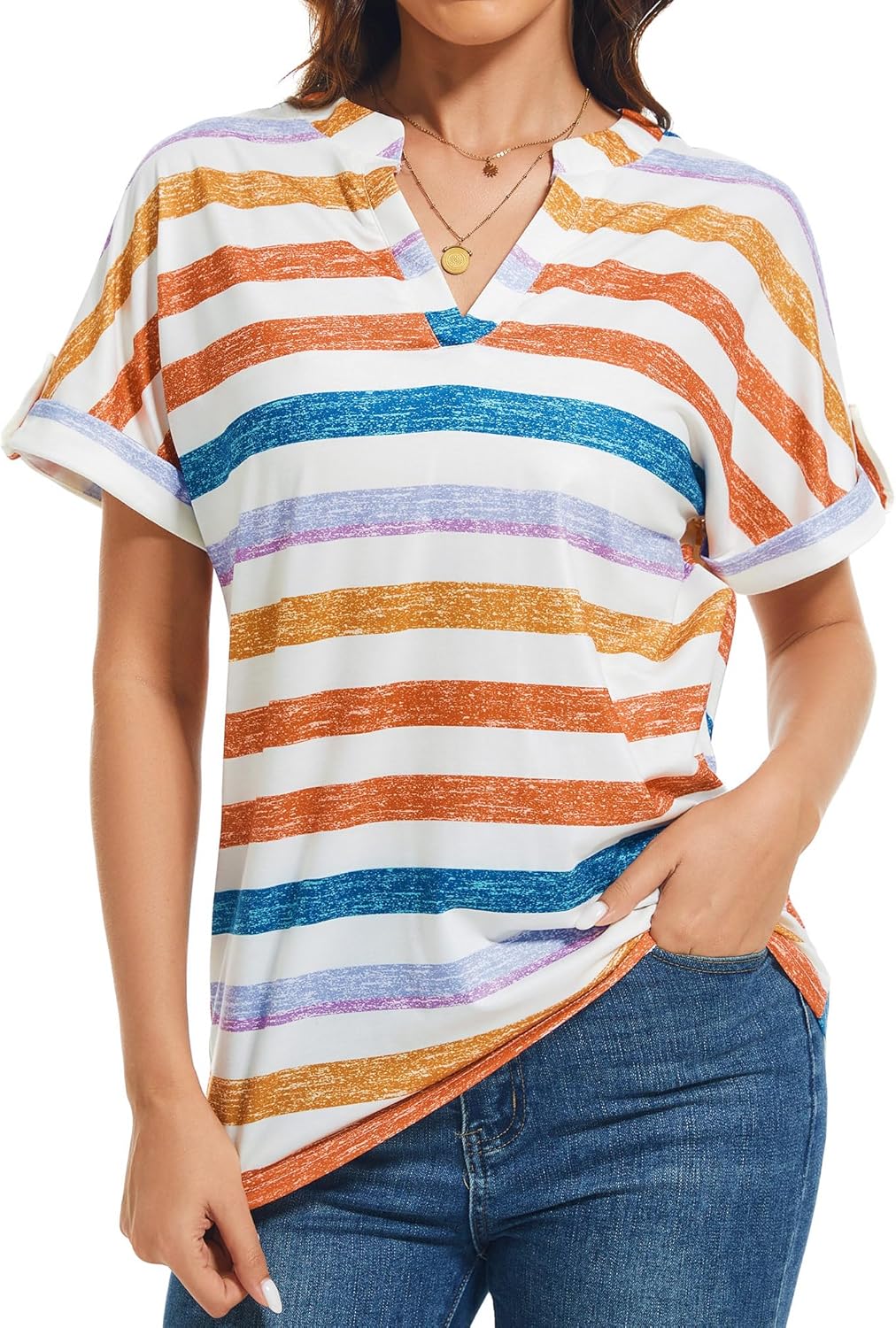 Womens Short Sleeve Summer Tunic Tops V Neck Casual Loose Fit Shirts Trendy Blouses Basic Tee Valentine's Day Gifts - Image 2