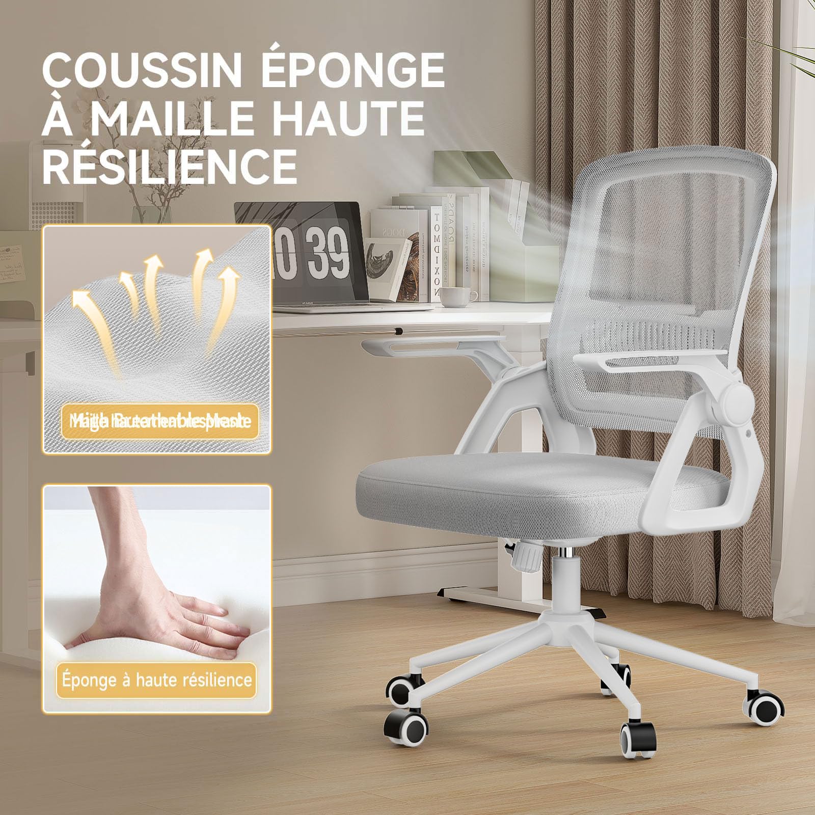 rattantree Chaise de Bureau Ergonomique pour la Maison et Le Bureau, Gris | Accoudoirs Pliables à 90°, Soutien Lombaire, Dossier Inclinable, Hauteur Réglable