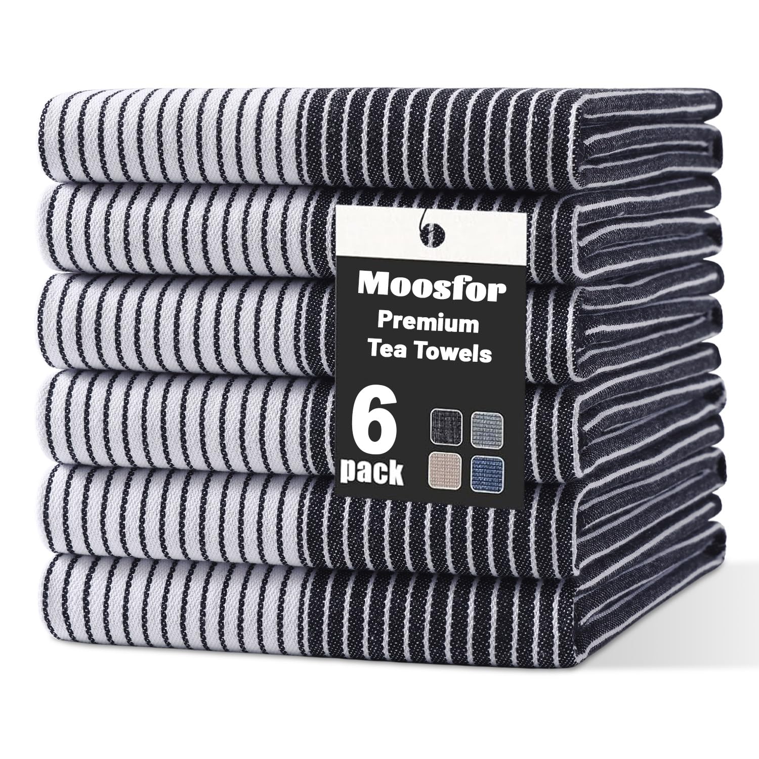 Moosfor 100% Organic Cotton Tea Towels 6 Pk 46 x 72 cm Black