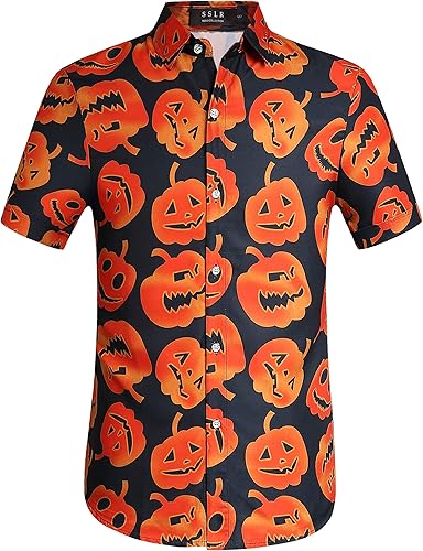 SSLR - Camisa abotonada, manga corta y diseño de Halloween para hombre