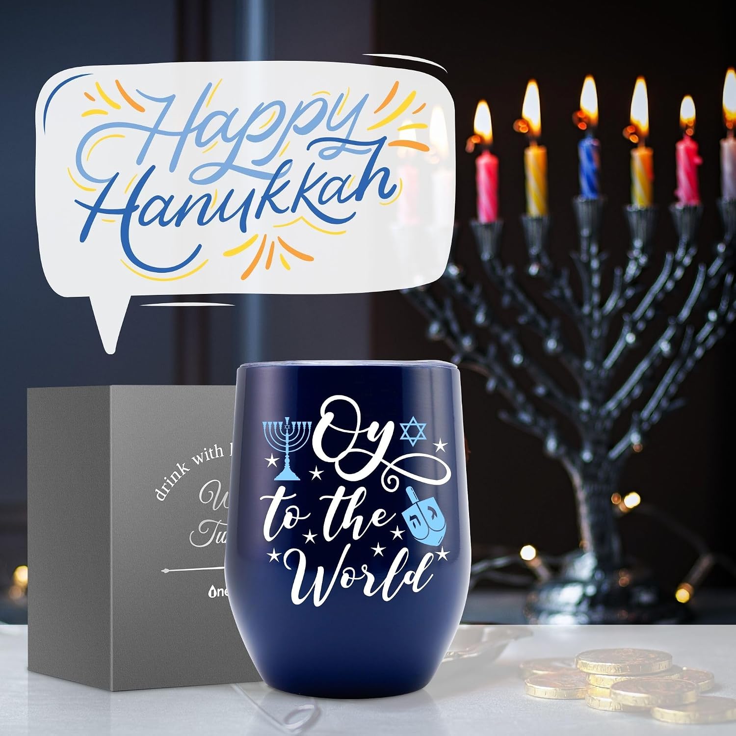 Onebttl Hanukkah Gifts Wine Tumbler for Women Men, Hannukah Gifts 12oz Stainless Steel Coffee Cup with Lids, Gift for Chanukah Jewish Holiday for Friends, Coworkers - Oy To The World Blue