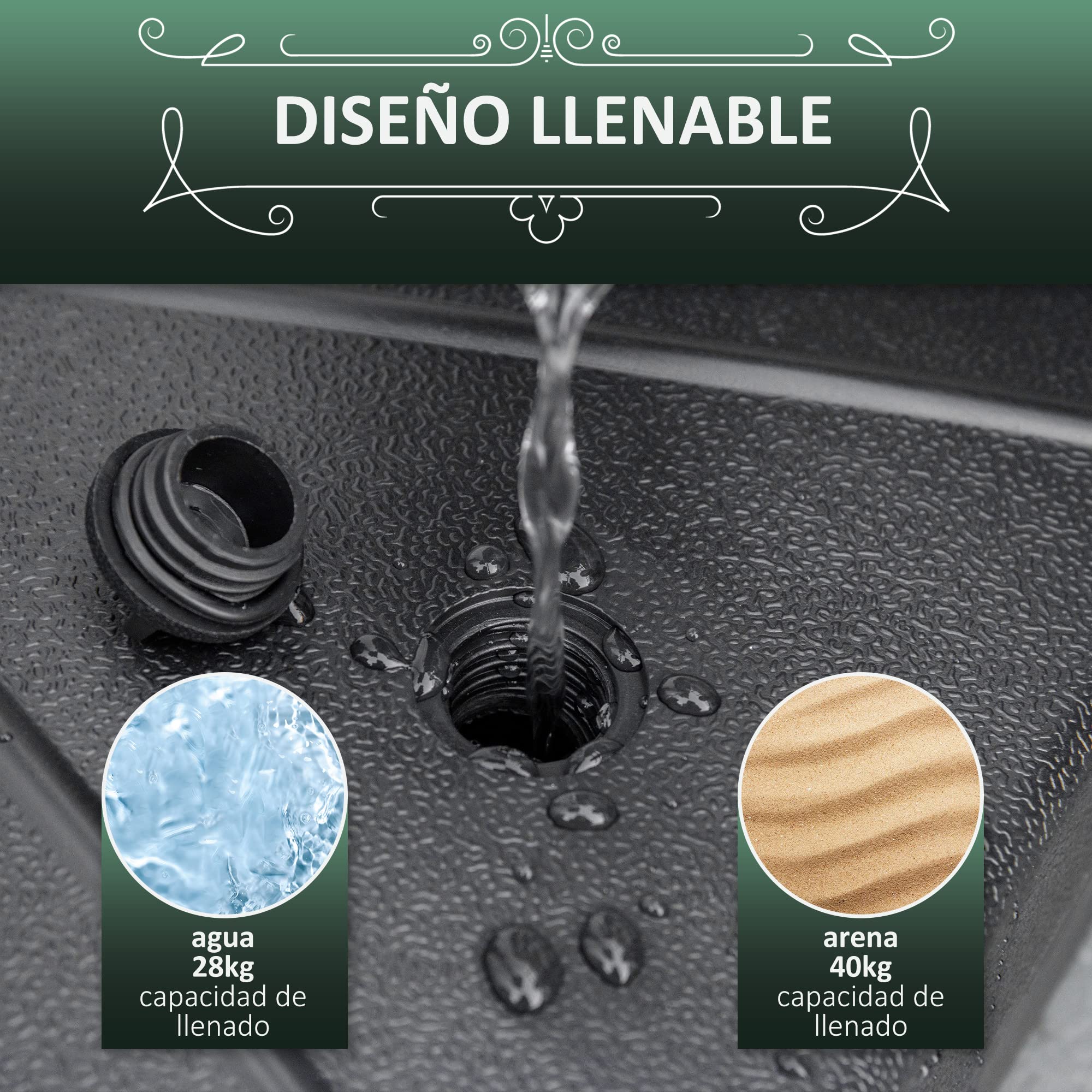 Outsunny Base para Sombrillas Rellenable de Agua 28 kg o Arena 40 kg Soporte de Parasol Octagonal Apto para Postes de 38mm 48 mm para Jardín Terraza Ø60x36 cm Negro