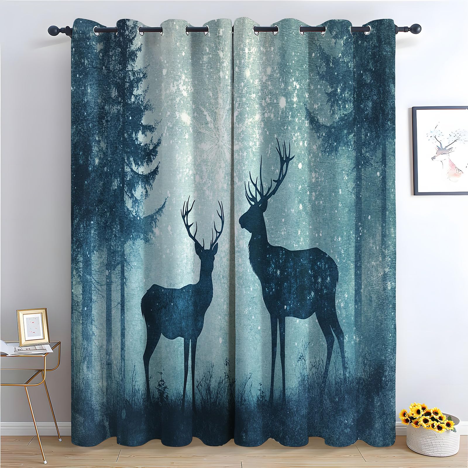 WQBQKKX Green Plant Curtains Deer Textured Farmhouse Curtains Leaf Printed Eyelet Rustic Drapes Window Treatment-52 W x 96" L (Pack of 2)