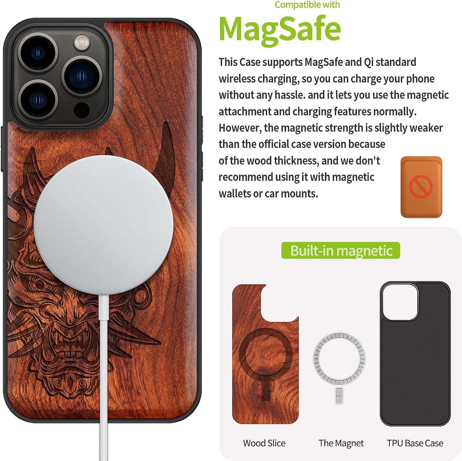 Carveit Magnetic Wood Case for iPhone 13 Pro Max [Natural Wood & Black Soft TPU] Unique Wooden Shockproof Protective Cover Compatible with magsafe (Japanese Oni Mask -Rosy)