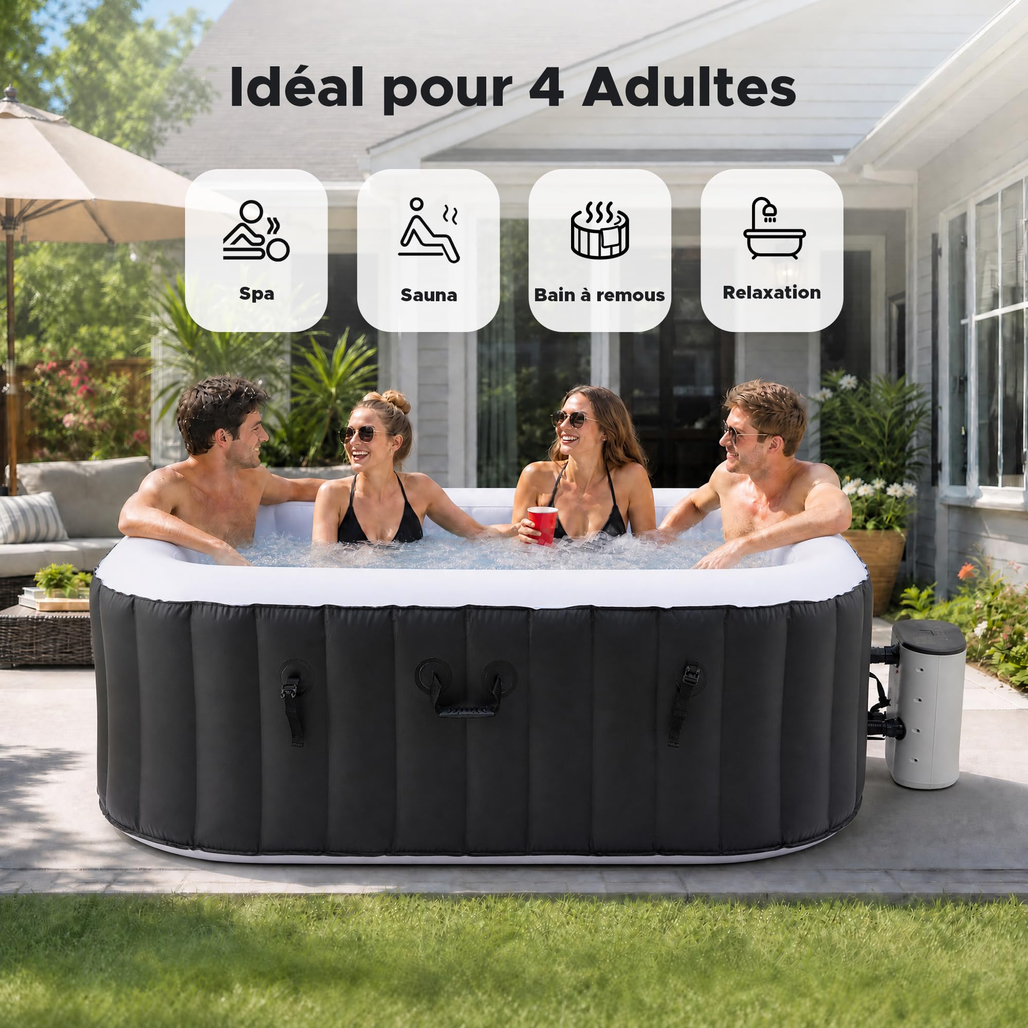 CO-Z Spa Gonflable 4-6 Personnes Carré 1,8m, Bain à Remous Gonflable Extérieur avec 94 Jets de Massage, Chauffage Rapide, Pompe & Couverture, Périphérie de Jardin Terrasse - Noir