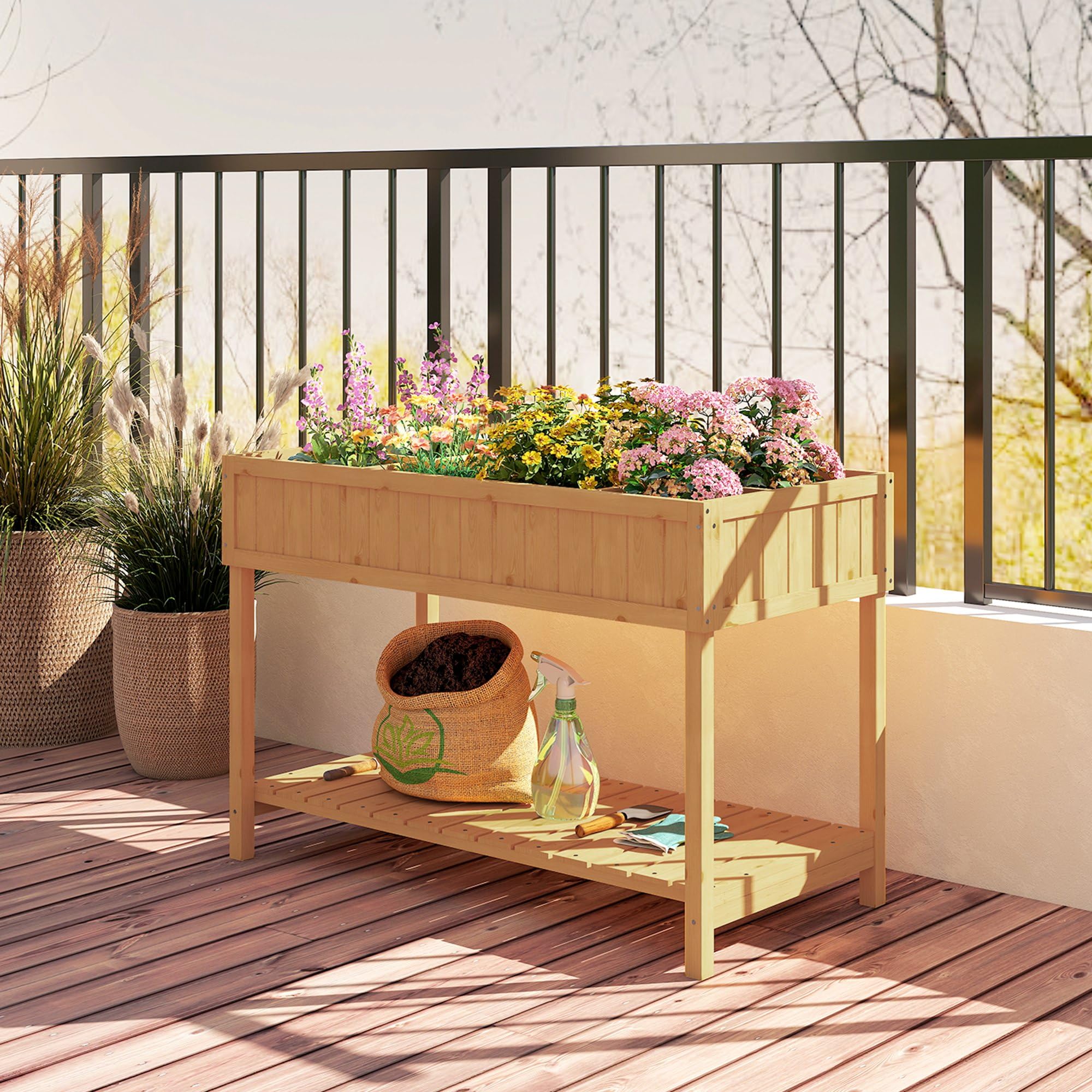 Outsunny Huerto Urbano de Madera, Mesa de Cultivo con Estante Inferior, Jardinera Elevada para Cultivo, Plantas, Flores y Verduras, 110x46x76 cm, Natural