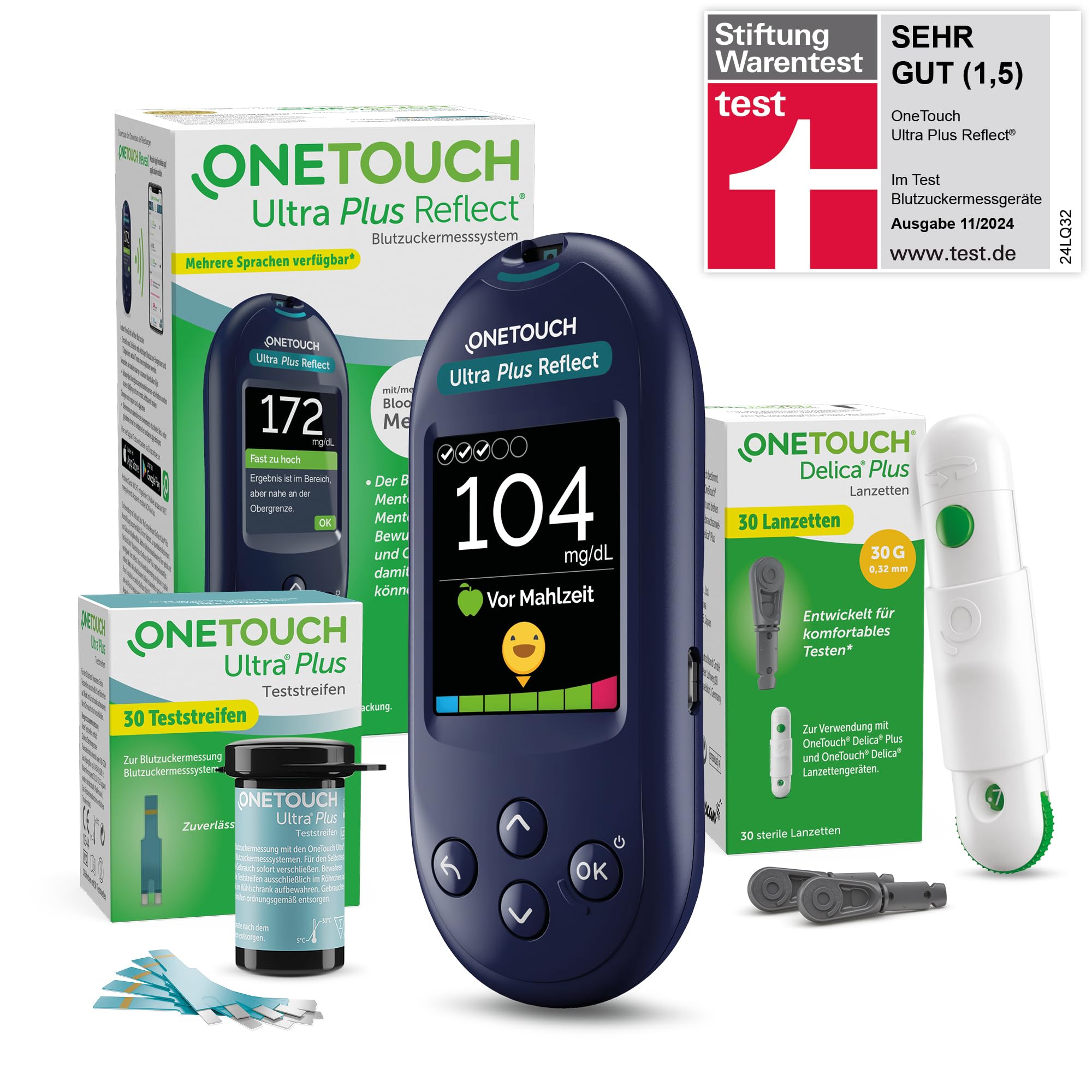 OneTouch Ultra Plus Reflect® Blutzuckermessgerät Set – Starterset Diabetes mg/dL – Inkl. 40 Teststreifen & 40 Lanzetten – Präzise Messung, einfache Anwendung – Stiftung Warentest SEHR GUT (1,5)