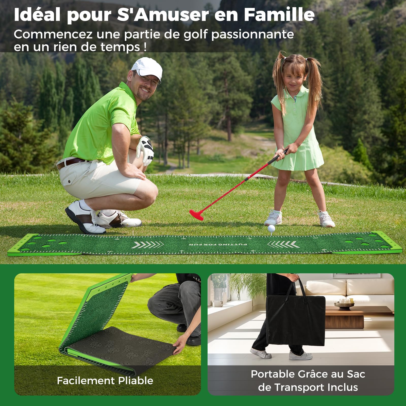 GOPLUS Tapis de Putting 332 x 50 CM Pliable et Portable avec 2 Putters Ajustables, 6 Balles et 12 Trous, Golf Putting pour Entraînement Golf, Intérieur et Extérieur, pour Maison, Bureau, Piscine