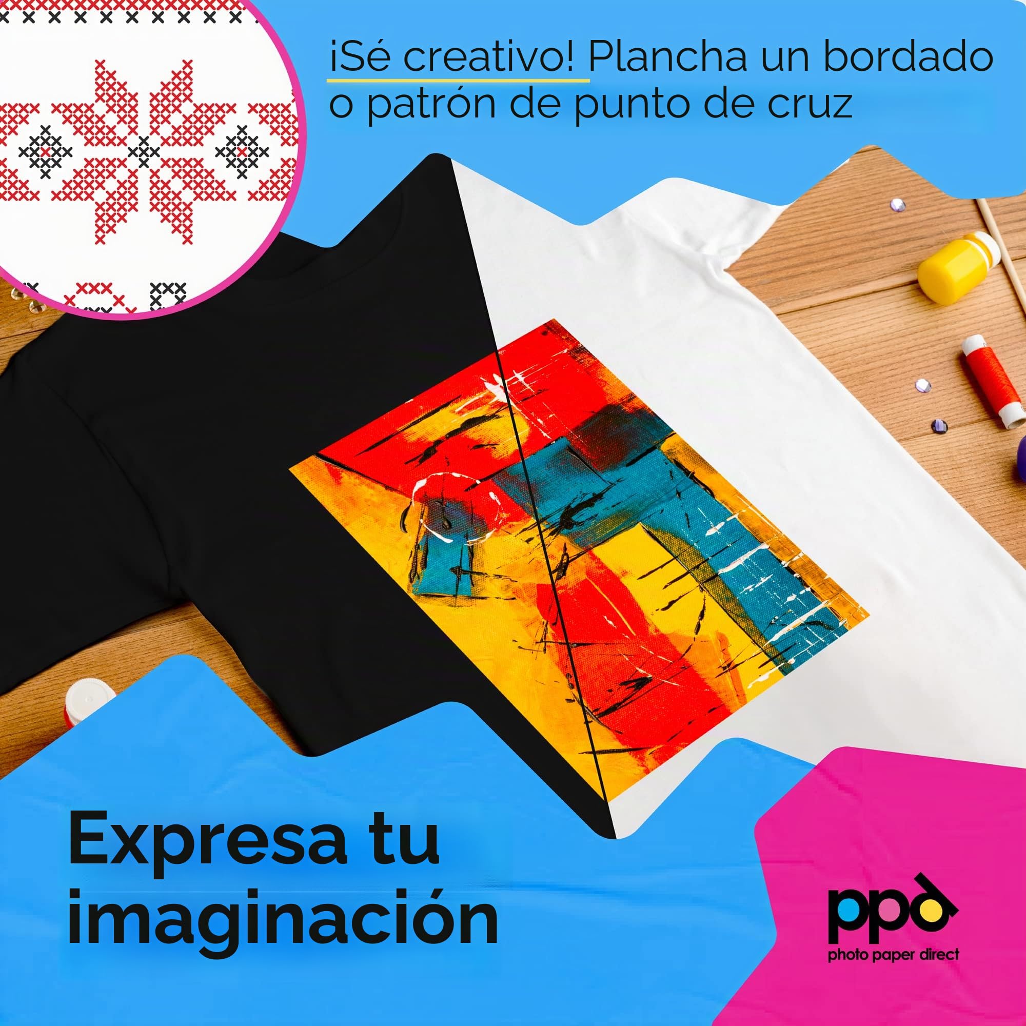 PPD Inkjet - A4 x 40 Hojas de Papel de Transferencia Térmica Premium para Camisetas y Tejidos Mixtos - 20 hh. Telas Claras y 20 hh. Telas Oscuras - Para Impresión de Inyección de Tinta - PPD-5-40