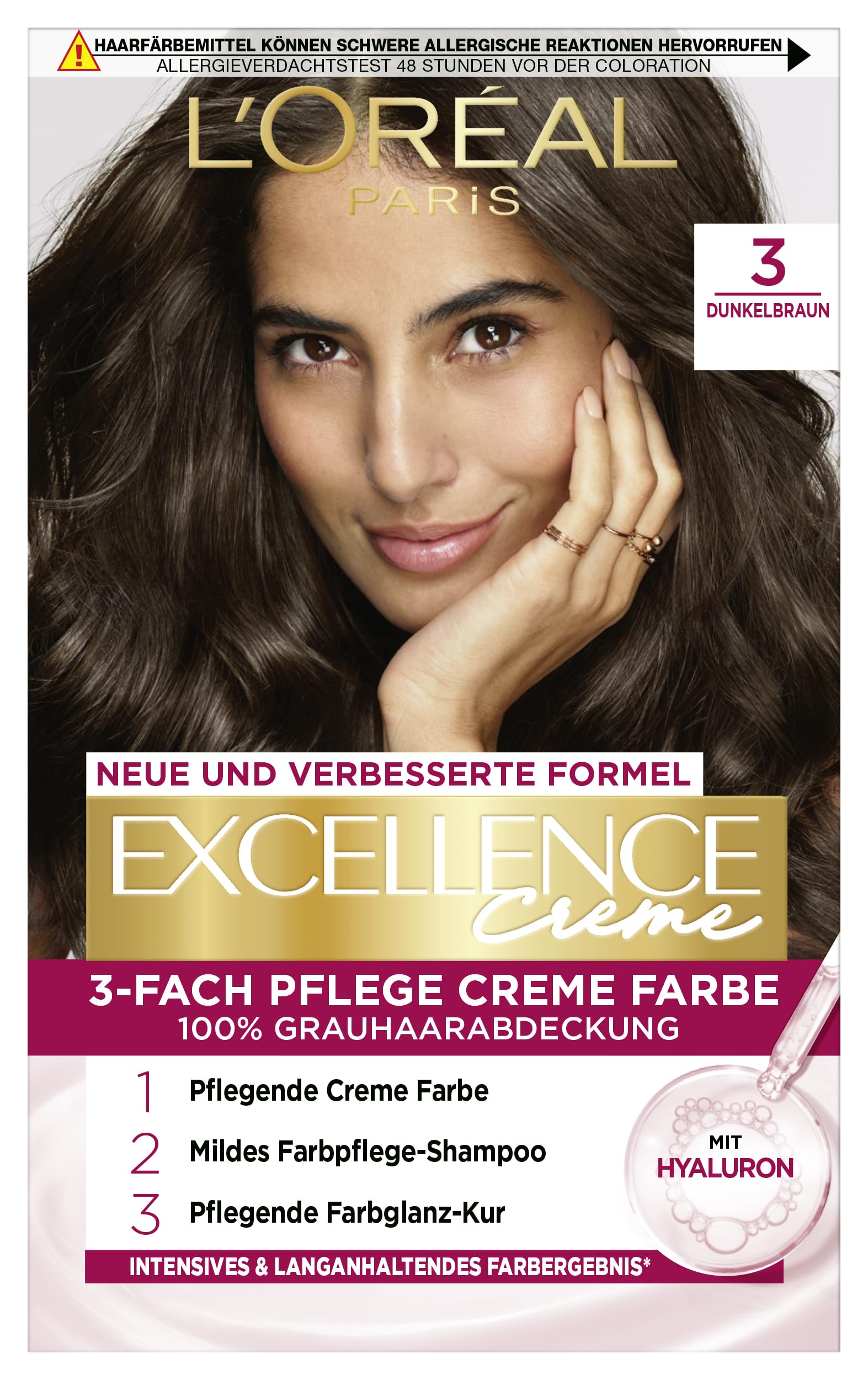 L'Oréal Paris Permanente Haarfarbe, 100% Grauhaarabdeckung, Haarfärbeset mit Coloration, Shampoo und 3-Fach Pflege Creme Farbe, Excellence Creme, 3 Dunkelbraun, 3 x 268 g