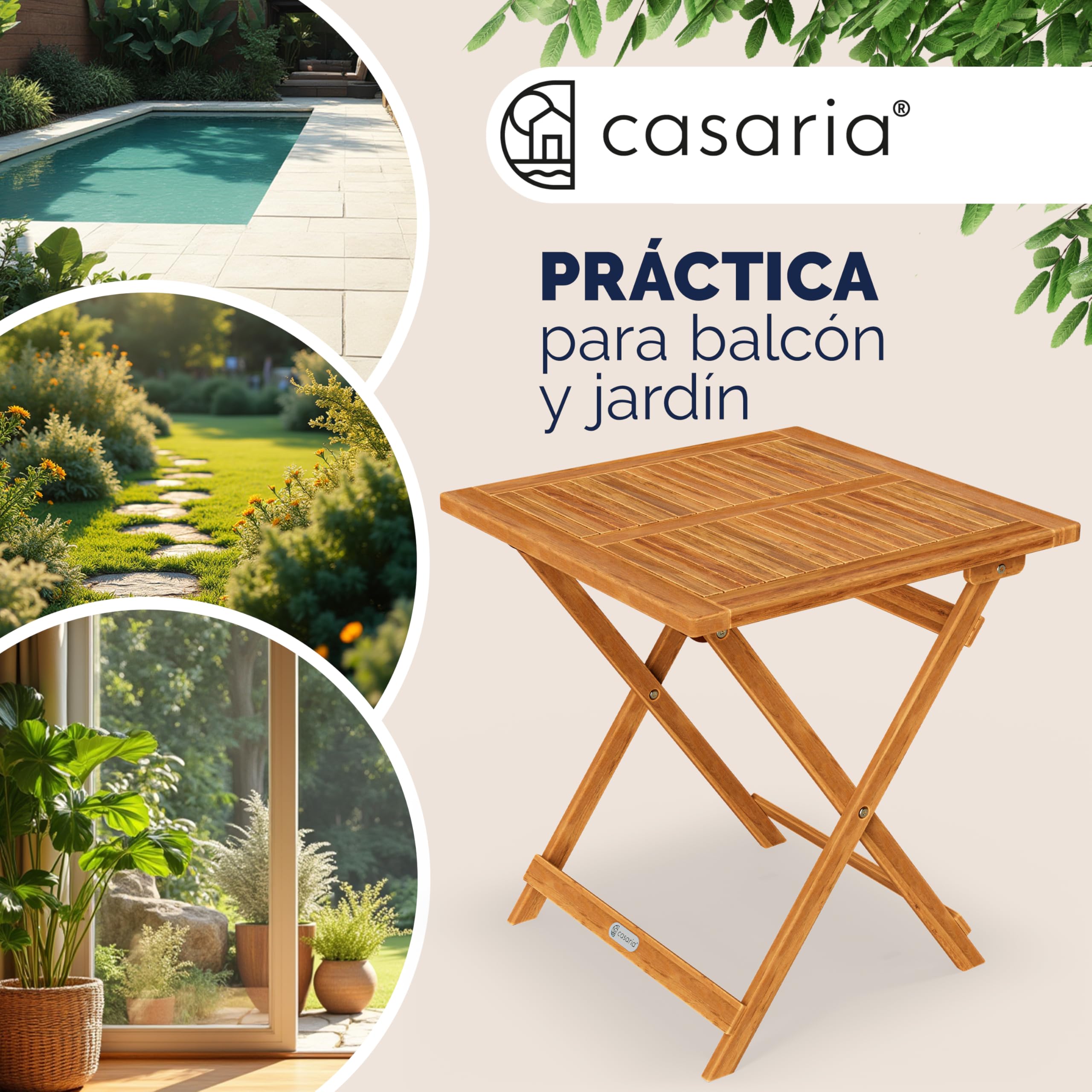 CASARIA® Mesita de Jardín Plegable de Madera Acacia 70x70cm Carga hasta 80kg Resistente Intemperie Mesa Auxiliar Portátil Exterior Balcón Terraza Marrón