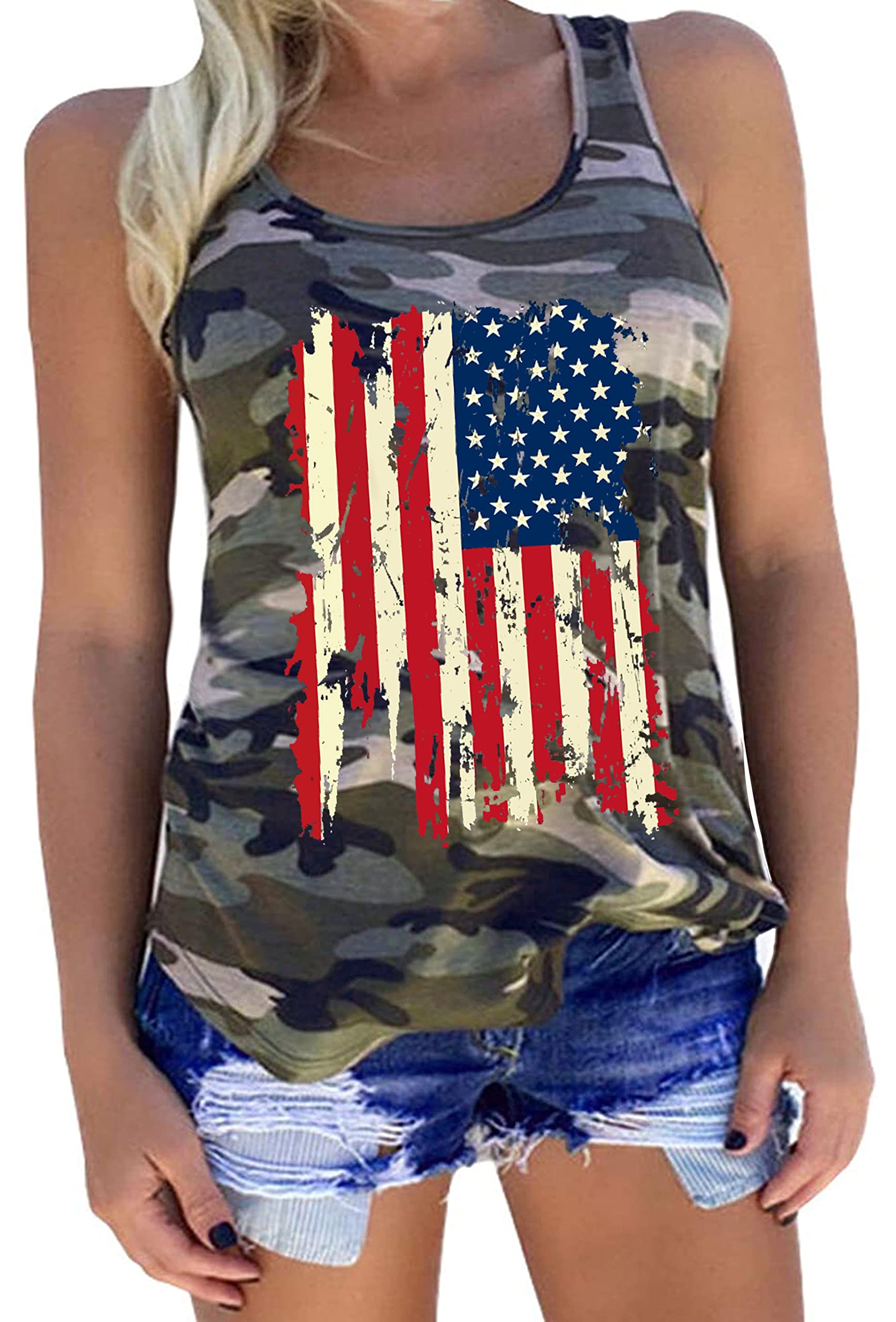 LAZYCHILDAmerican Flag Tank Tops Women Patriotic Shirt USA Flag Stars Stripes Print Sleeveless T-Shirt 4th of July Tee Tops