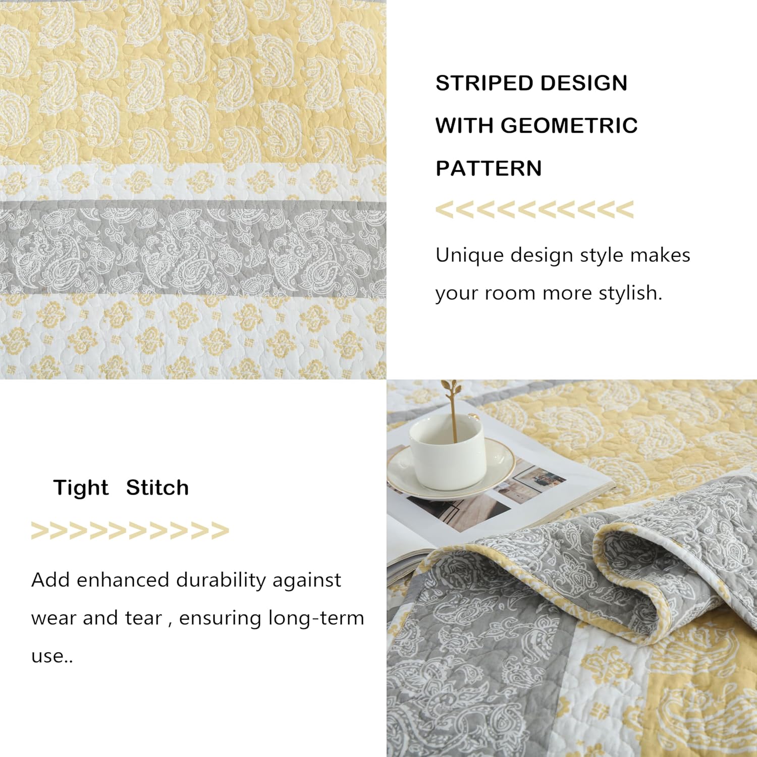 Yellow Quilts Queen Size, Cotton Bed Set, Yellow Grey White Comforter, Striped Bedding Queen Size, Lightweight Luxury Bedspread,3 Piece - Image 5