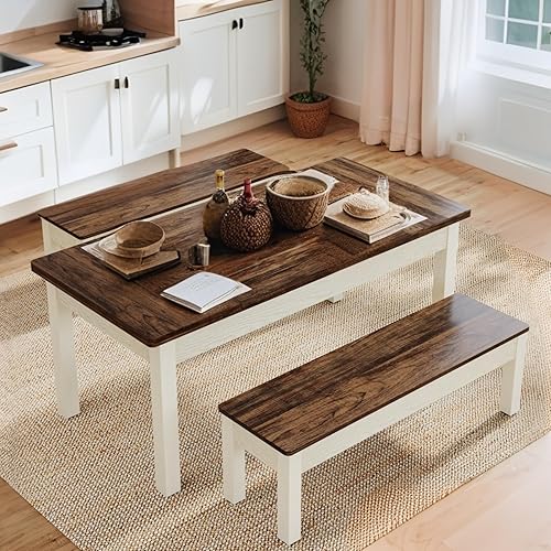 Miniatura 8 de Tribesigns - Juego de mesa de cocina estilo granja para 4-6, mesa de comedor de madera de 55 pulgadas con 2 bancos, juego de 3 piezas resistente