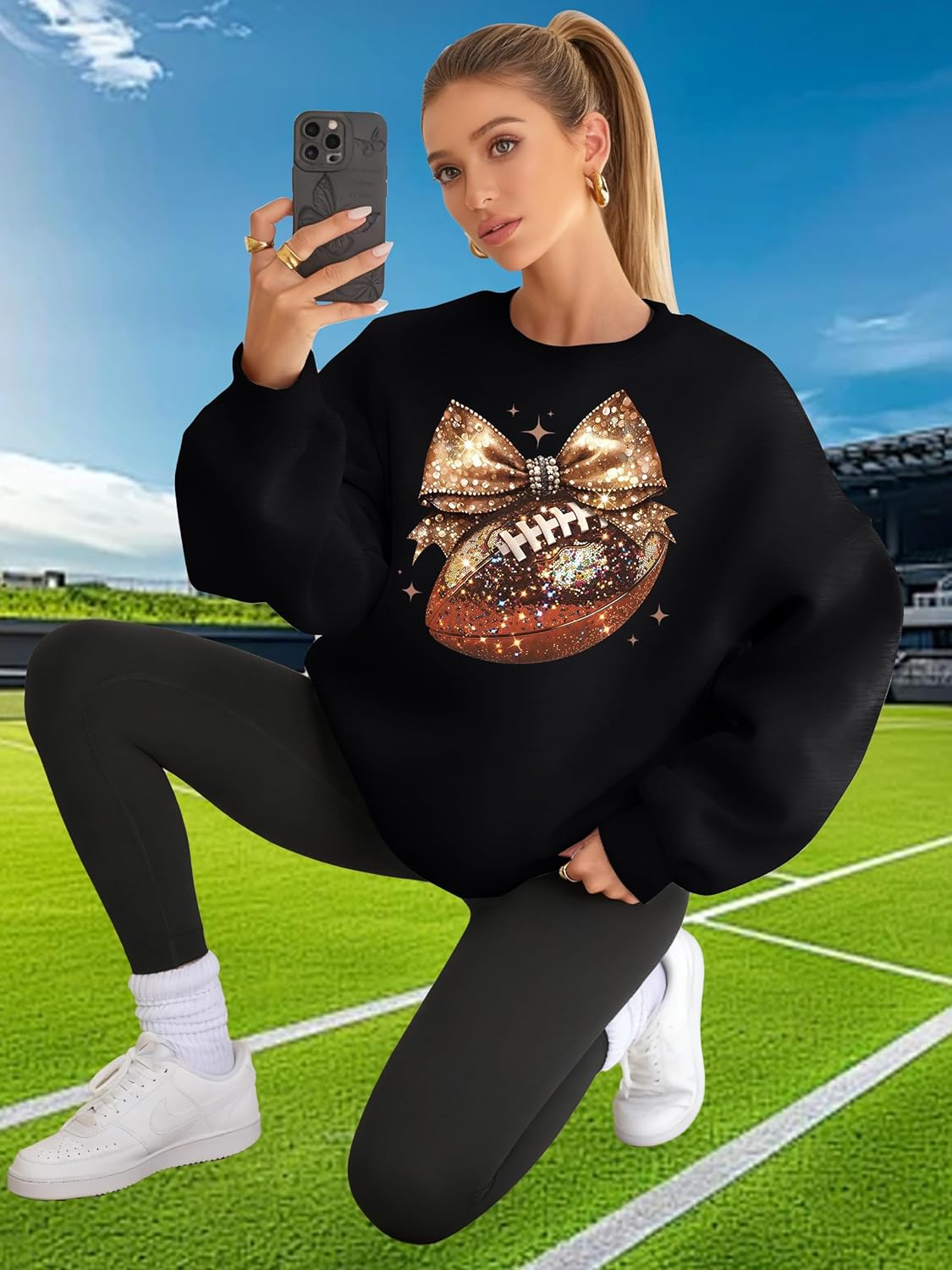 Football Sweatshirt Women Cute Football Bow Ribbons Graphic Pullover Shirt Football Season Long Sleeve Tops - Image 3