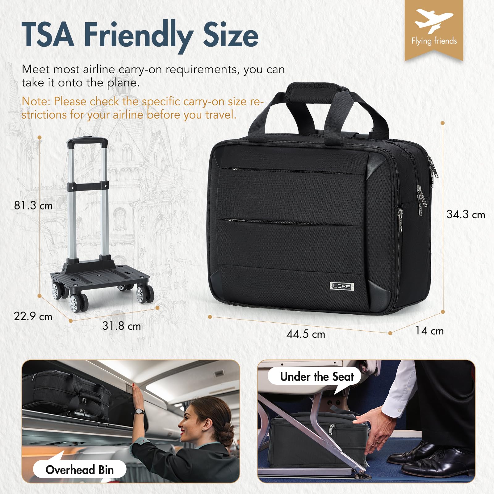 Maletín con Ruedas, Bolsa de Negocios con Cerradura TSA, Compartimento para Portátil, Bolso de Viaje Impermeable, Negro