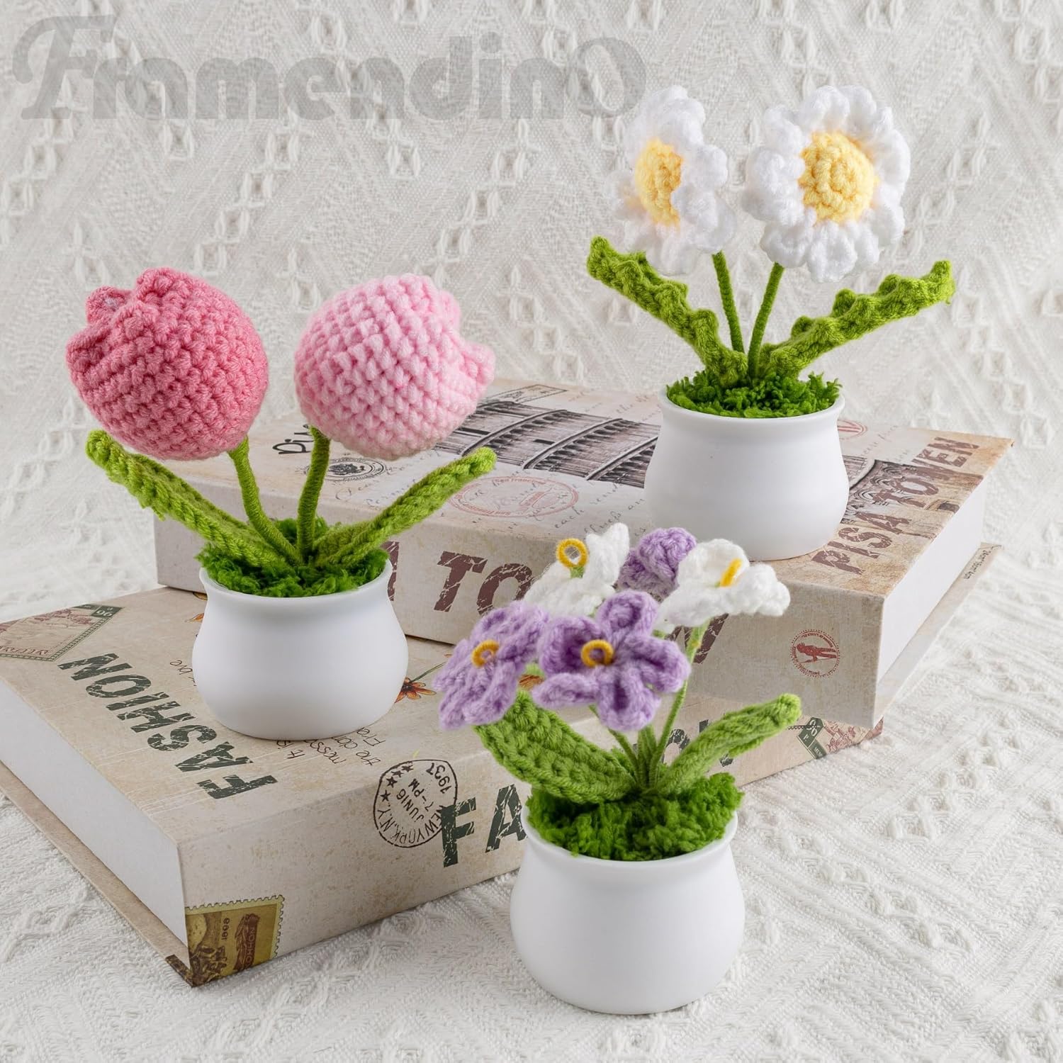 Framendino, 3 Pack Crochet Flower Pot Daisy Tulips Flowers Bouquet Handmade for Birthday Wedding Gift Home Decor - Image 3