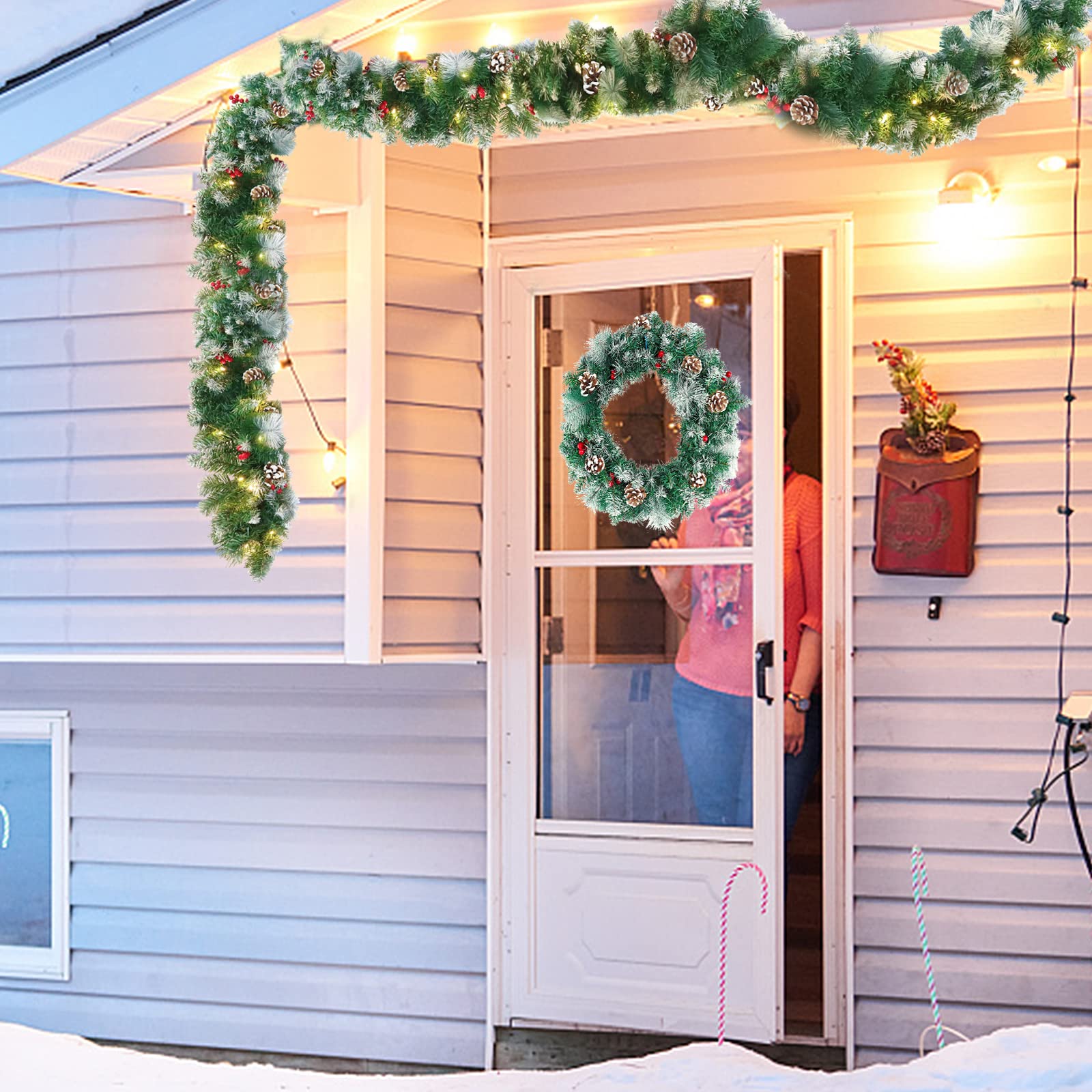 UISEBRT Weihnachtsgirlande mit Beleuchtung Tannengirlande 8m, mit 125 LEDs Tannenzapfen Rote Beere Künstliche Girlande Weihnachtsdeko Weihnachtskranz für Innen & Außen (Typ B mit Lichterkette)