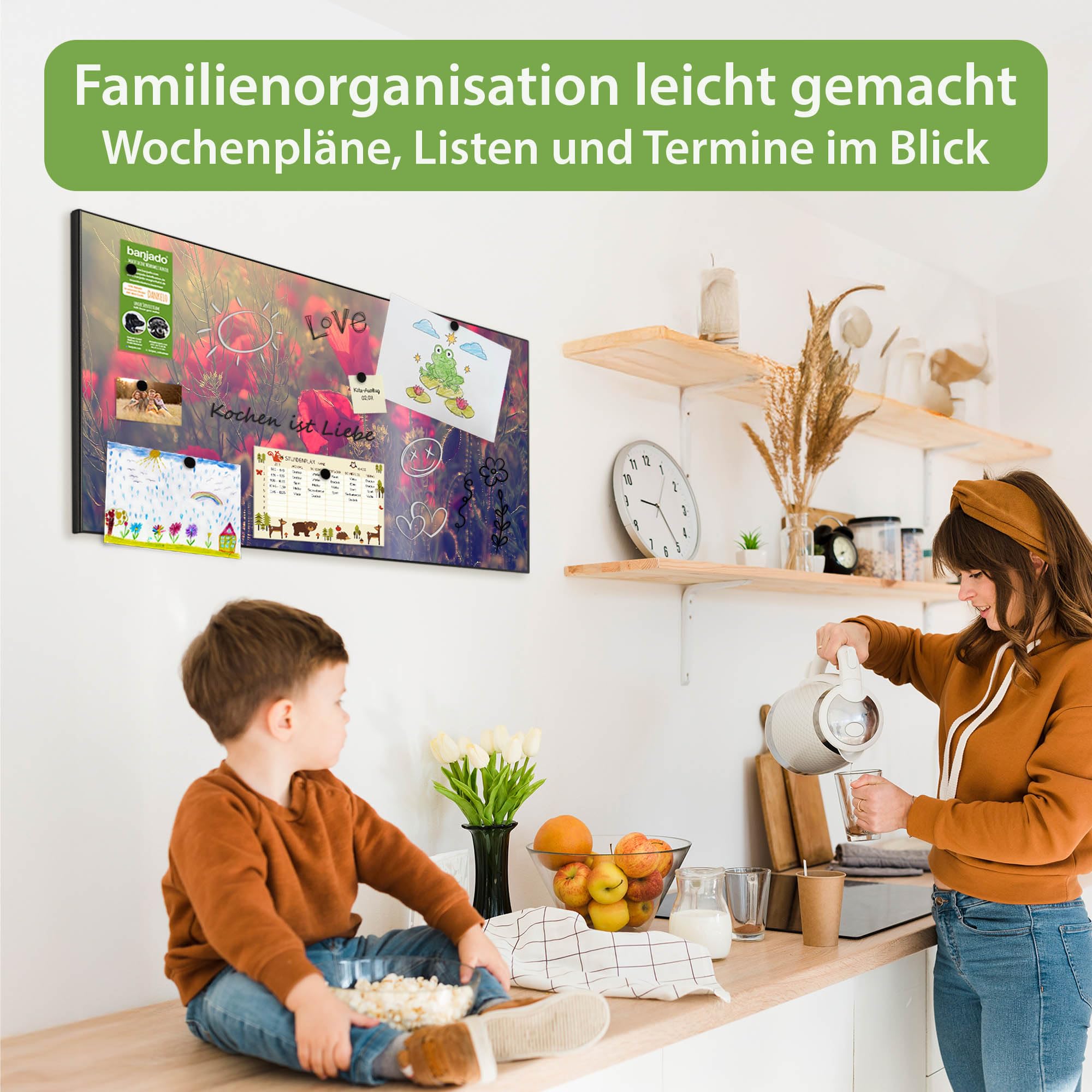 banjado Magnettafel Metall 78 x 37cm - beschreibbare Magnettafel - Metall Pinnwand als Memoboard - Magnetwand Küche, Büro, Kinderzimmer Schwarz inkl. 4 Magnete & Montageset - Motiv Mohn