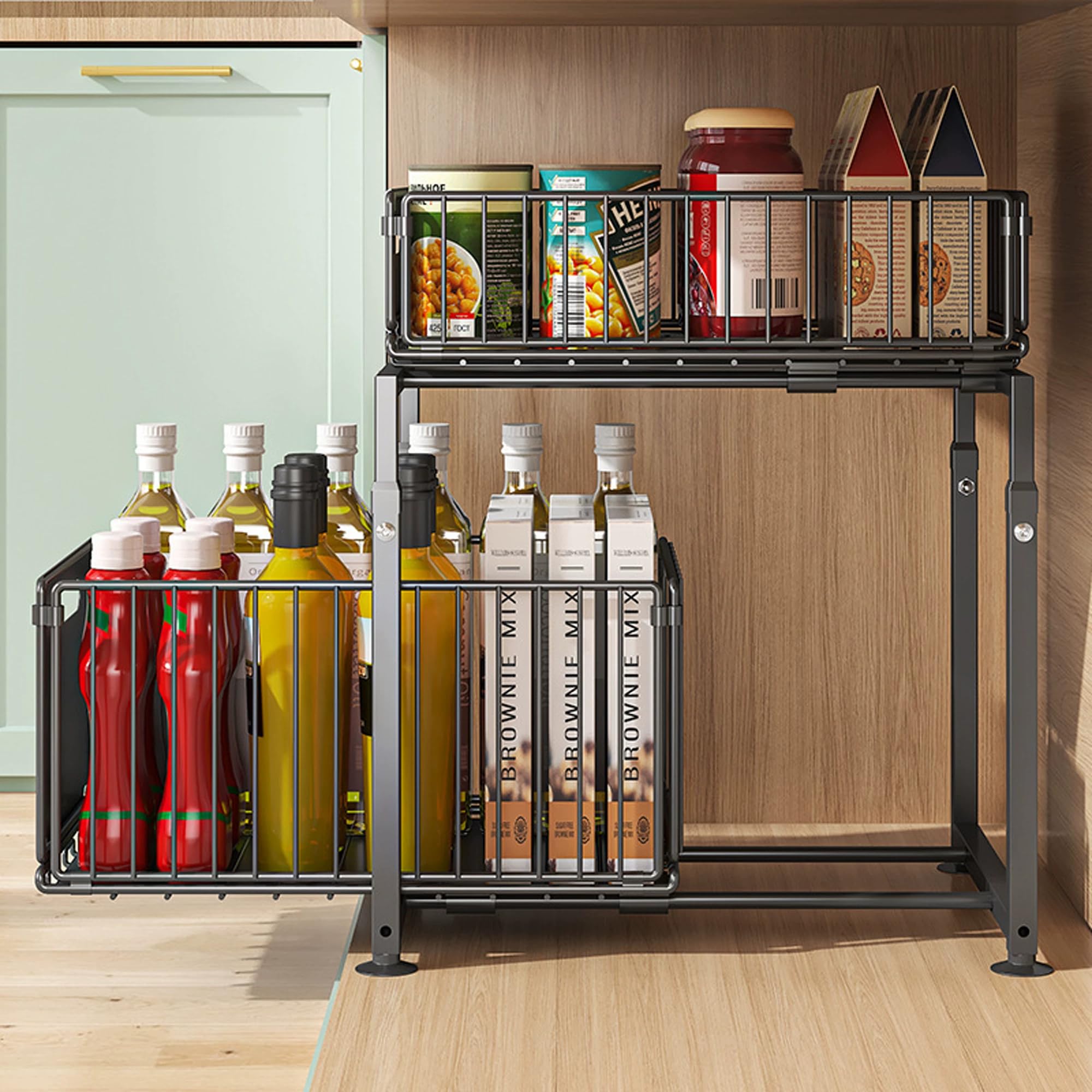 Set di 1 organizer regolabile sotto il lavello, con cassetti estraibili, regolabile in altezza, antiscivolo e resistente, in metallo, per cucina, bagno e dispensa
