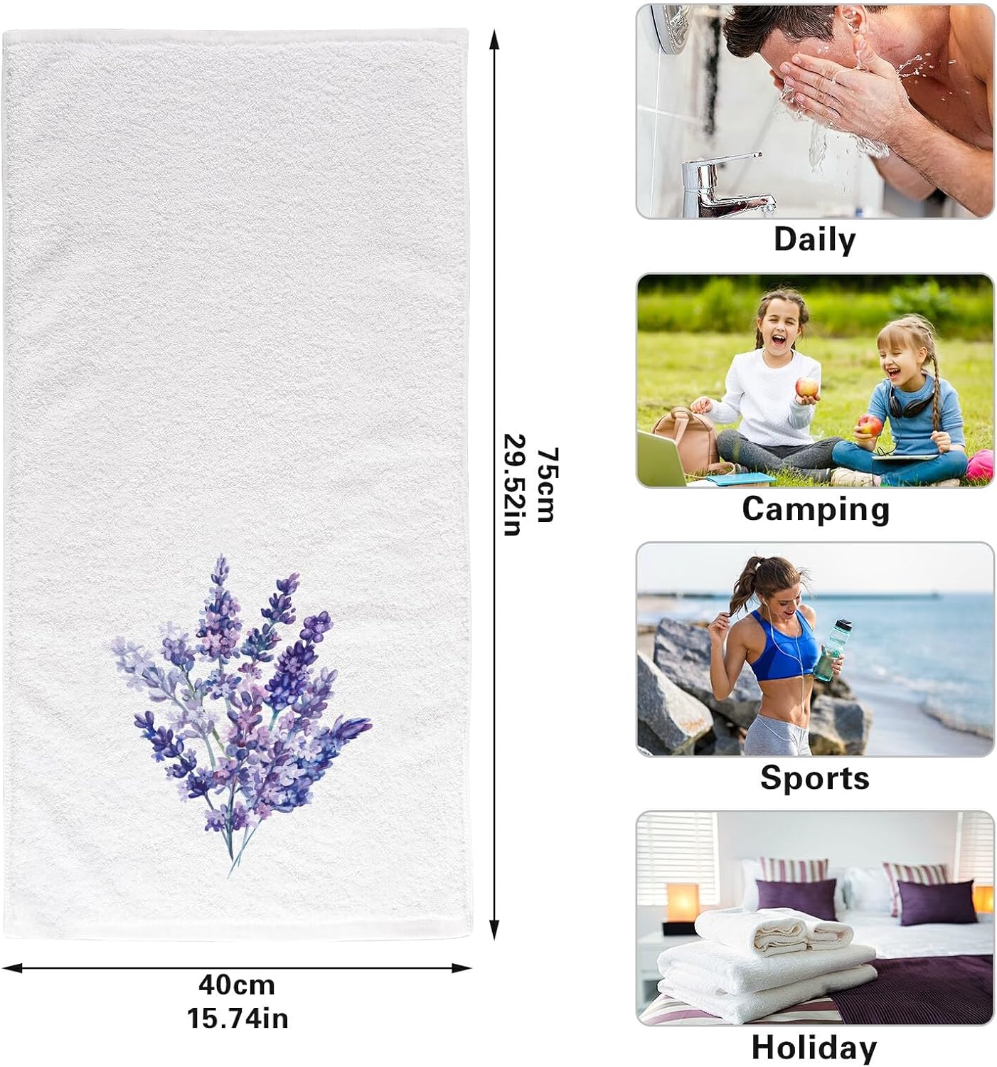 Soft Cotton Face Wash Towels Lavender Flowers Spring Watercolor Purple Bath Hand Towels for Working Out Bathroom Decorative Set of 2 for Guest Shower 16x30 Inches