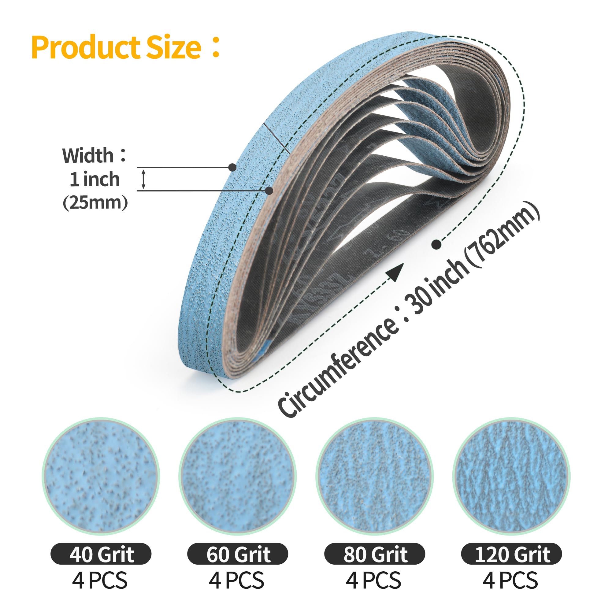 16 nastri abrasivi in zirconio da 25 x 762 mm, 4 graniglie (40/60/80/120), 4 ciascuna, carta abrasiva a nastro resistente per metallo, legno, acciaio inossidabile
