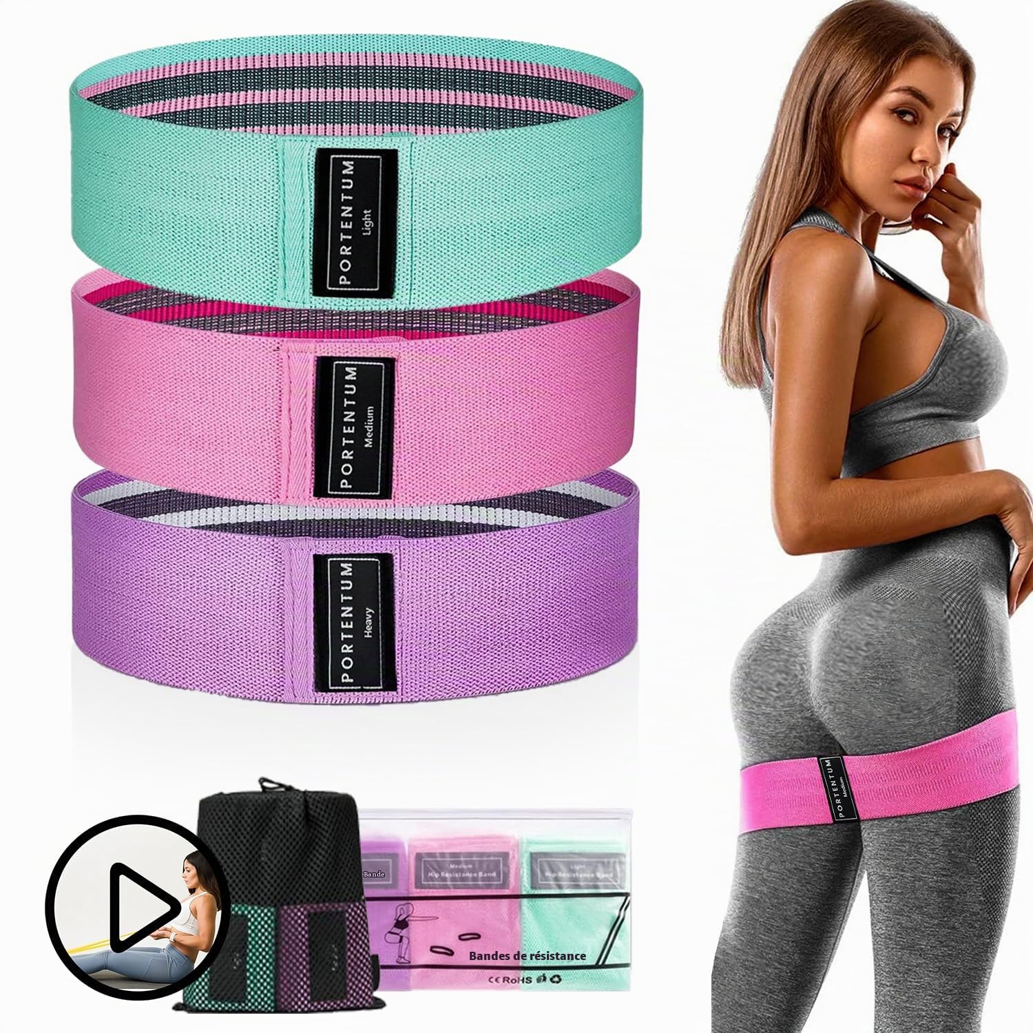 PORTENTUM Elastique Musculation avec 5 Niveaux différents allant jusqu'à 150 lbs (68 kg) & Elastique Musculation Lot de 3 Bandes Elastiques de Fitness antidérapantes en Tissu