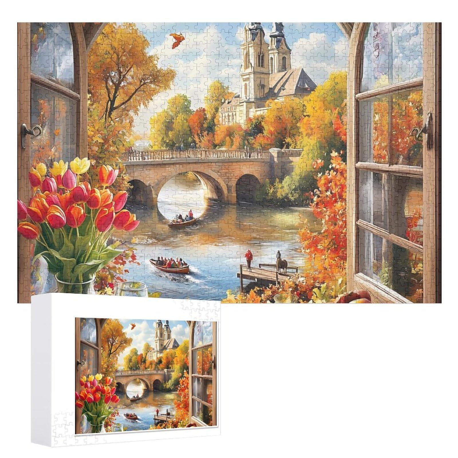 Rompecabezas de madera con marco de iglesia otoñal para adultos, desafío, rompecabezas inteligente, regalo para la familia