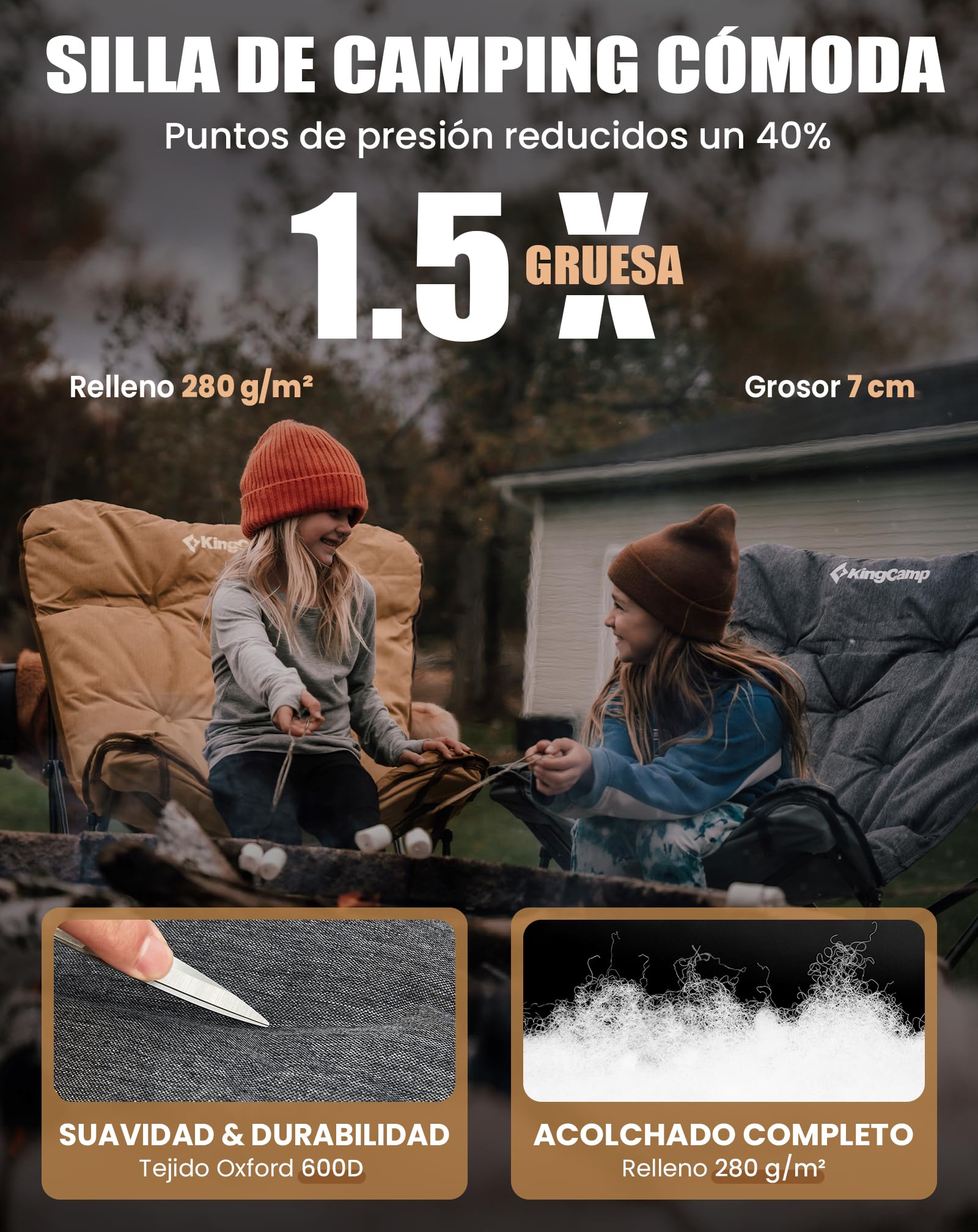 KingCamp Engrosar con Algodón Silla de Camping Acolchada Cómoda Portátil Silla Plegable Camping para Exteriores Picnic Pesca Carga 136KG