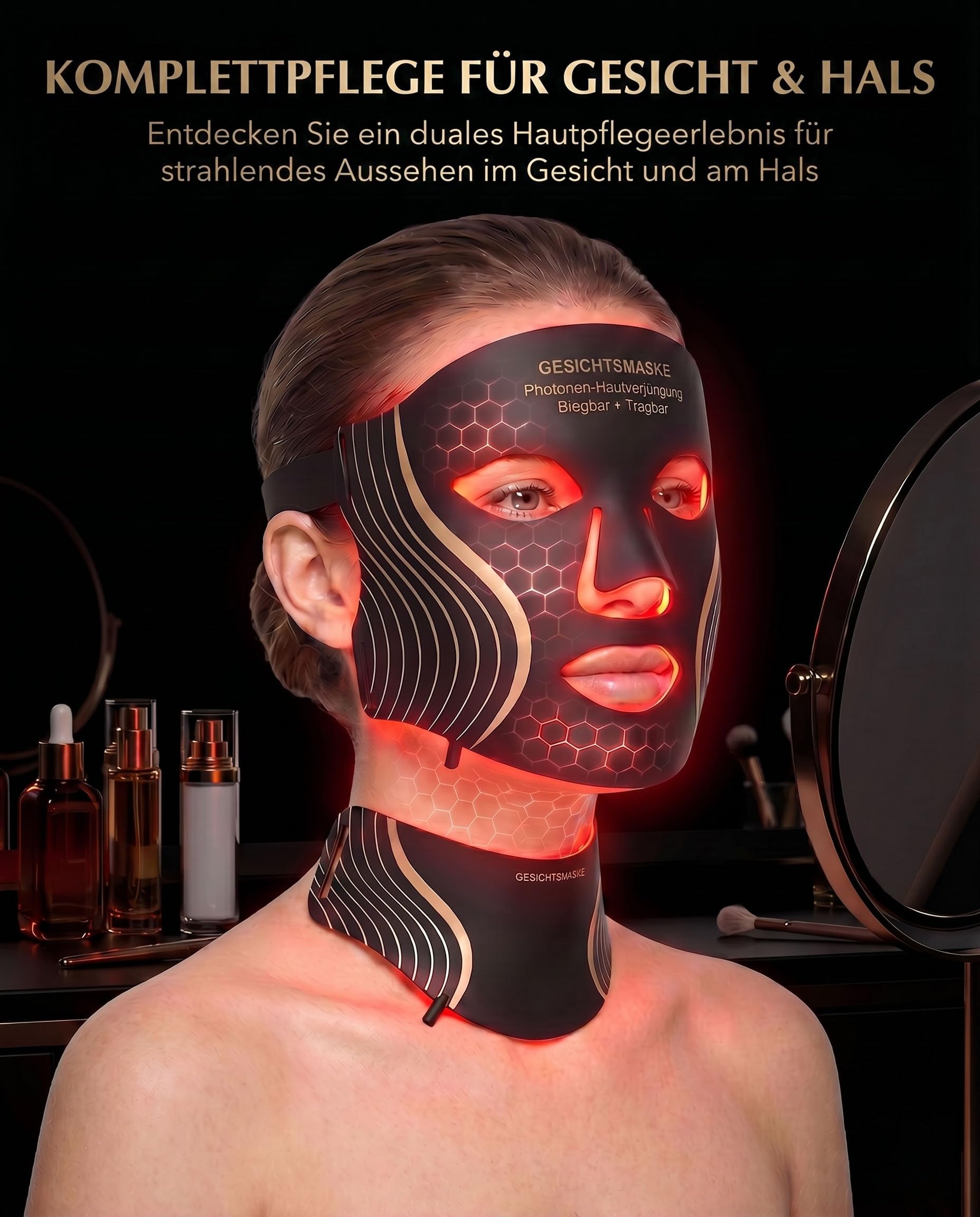 Aokitec Máscara de terapia de luz roja para cara y cuello, 103 LED mejorados, dispositivo de cuidado de la piel de silicona para levantamiento facial y reafirmación del cuello, longitudes de onda de