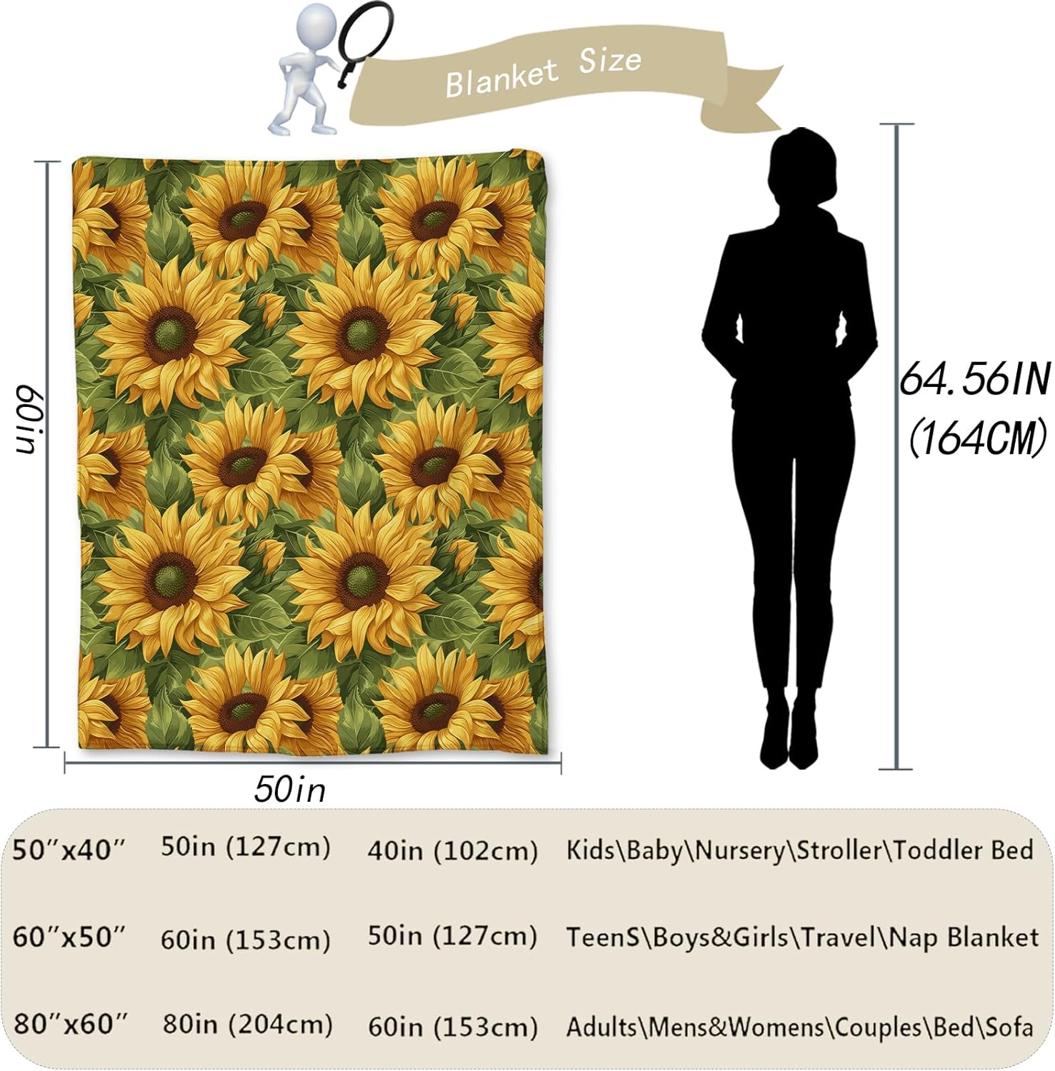 Watercolor Sunflower Blanket | Soft Warm Fuzzy Lightweight Floral Flannel Throw Blanket Perfect for Couch, Bed, Travel & Outdoor Use, Cozy Blankets for Adults Kids Women Girls 50×40 in