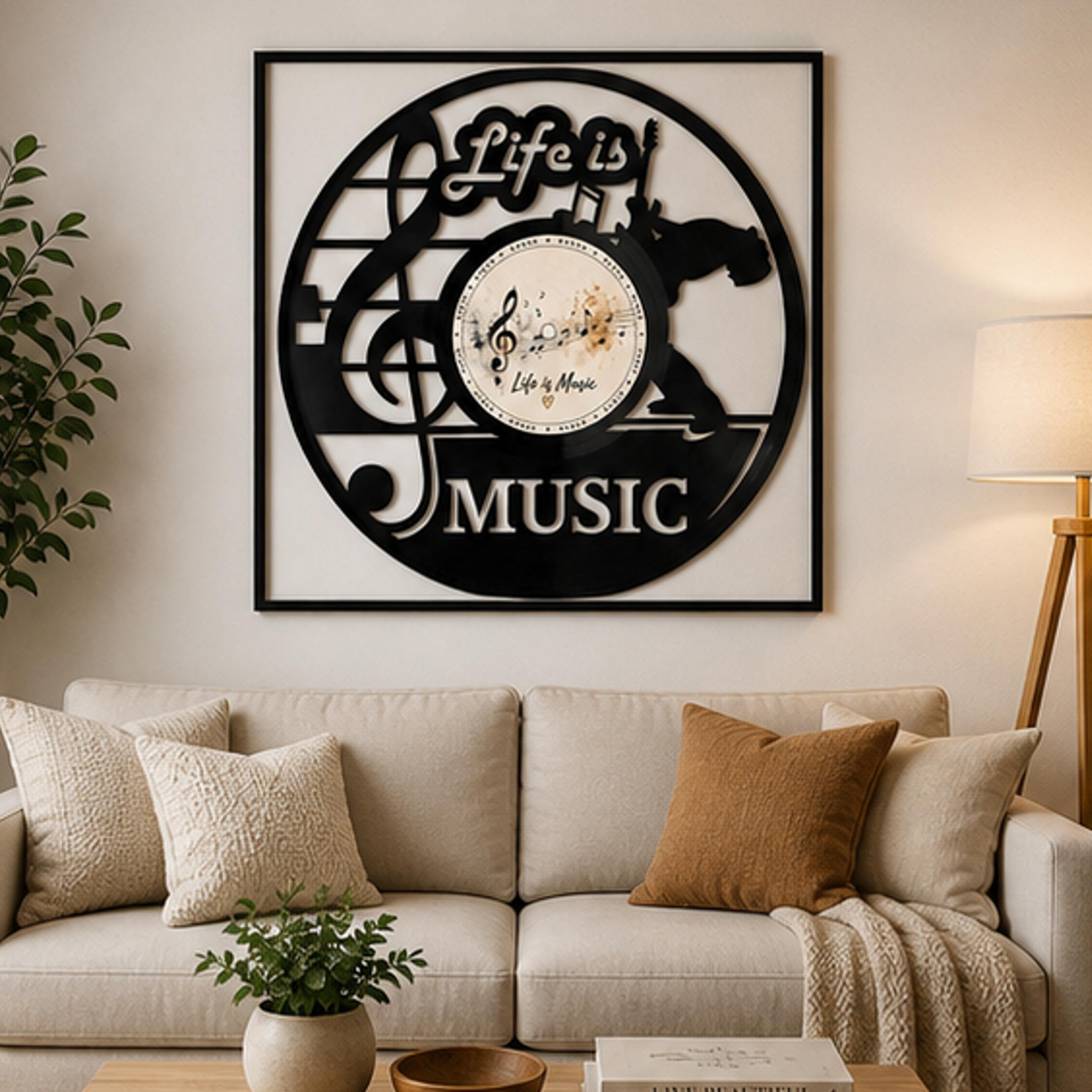EVEVO Decorazione da parete in vinile con cornice, 32 x 32 cm, Life is Music, decorazione da parete in vinile, regalo per musicisti, amanti della musica e audiofili