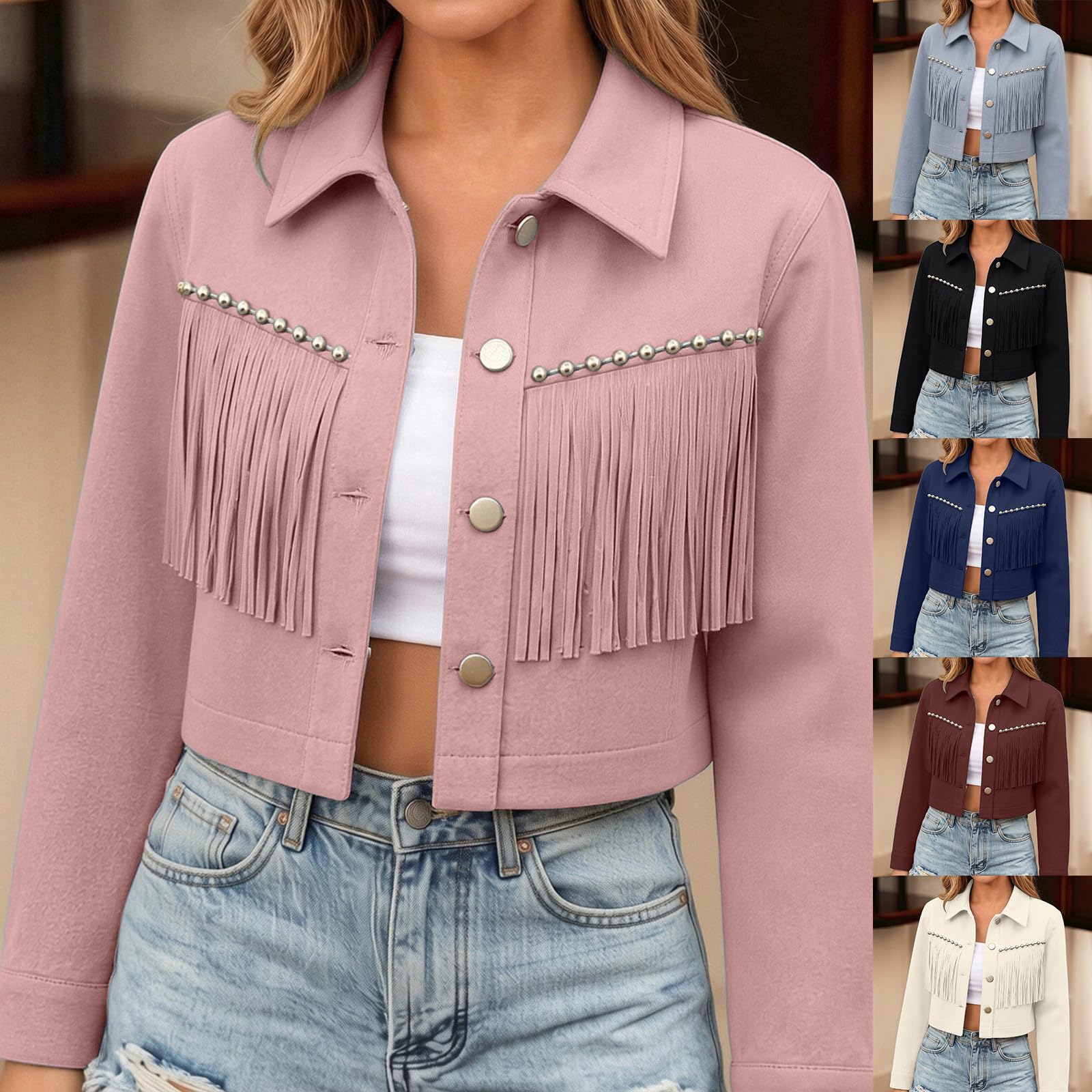 Veste en cuir synthétique pour femme à manches longues avec pompon, hippie, veste demi-saison, cowgirl, cowboy, costume de carnaval, manteau de moto, veste d'automne, tenue de festival de la
