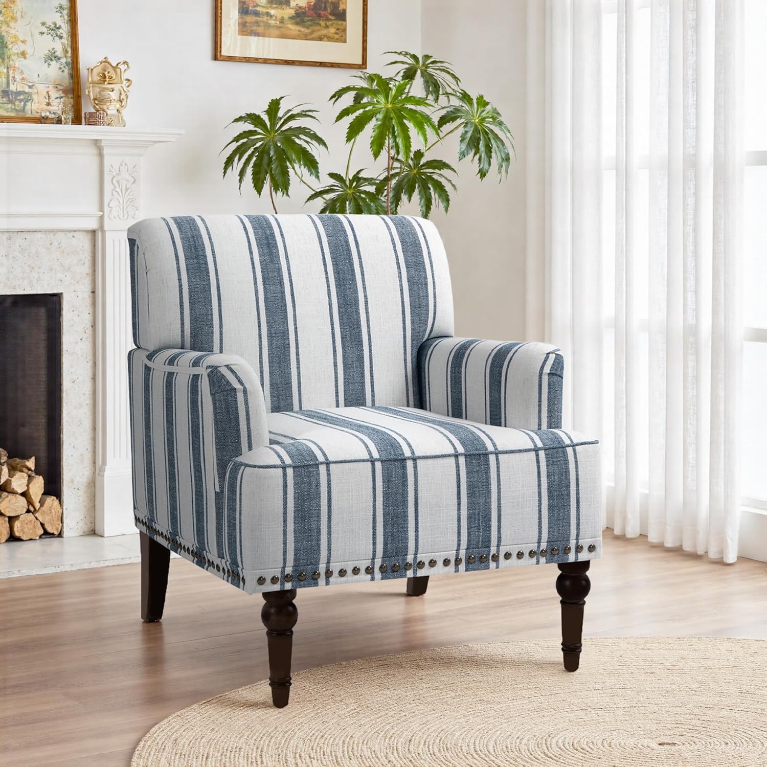 Pia Ricco Stripe Accent Chair-Modern Nailhead Trim & Wood Legs Armchair - Comfy Living Room, Bedroom, or Home Office Seating-Light Blue
