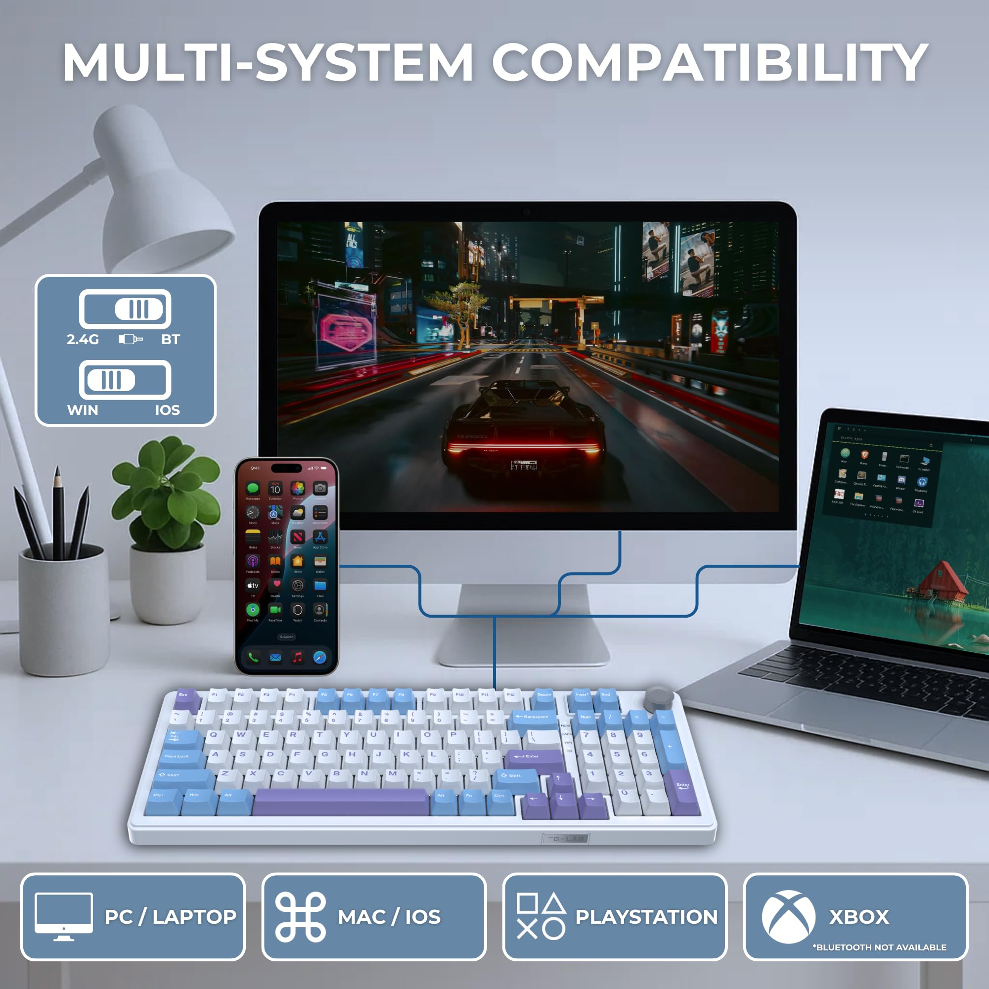 The G-Lab Keyz Elite 400 WB - Clavier Gamer sans Fil Mécanique Hot-Swap RGB | QWERTY US, Sans Fil Tri Mode 2.4GHz/Bluetooth/Filaire, Switch Mécanique Hot Swap Pré-lubrifiés, Gasket 5 Couches
