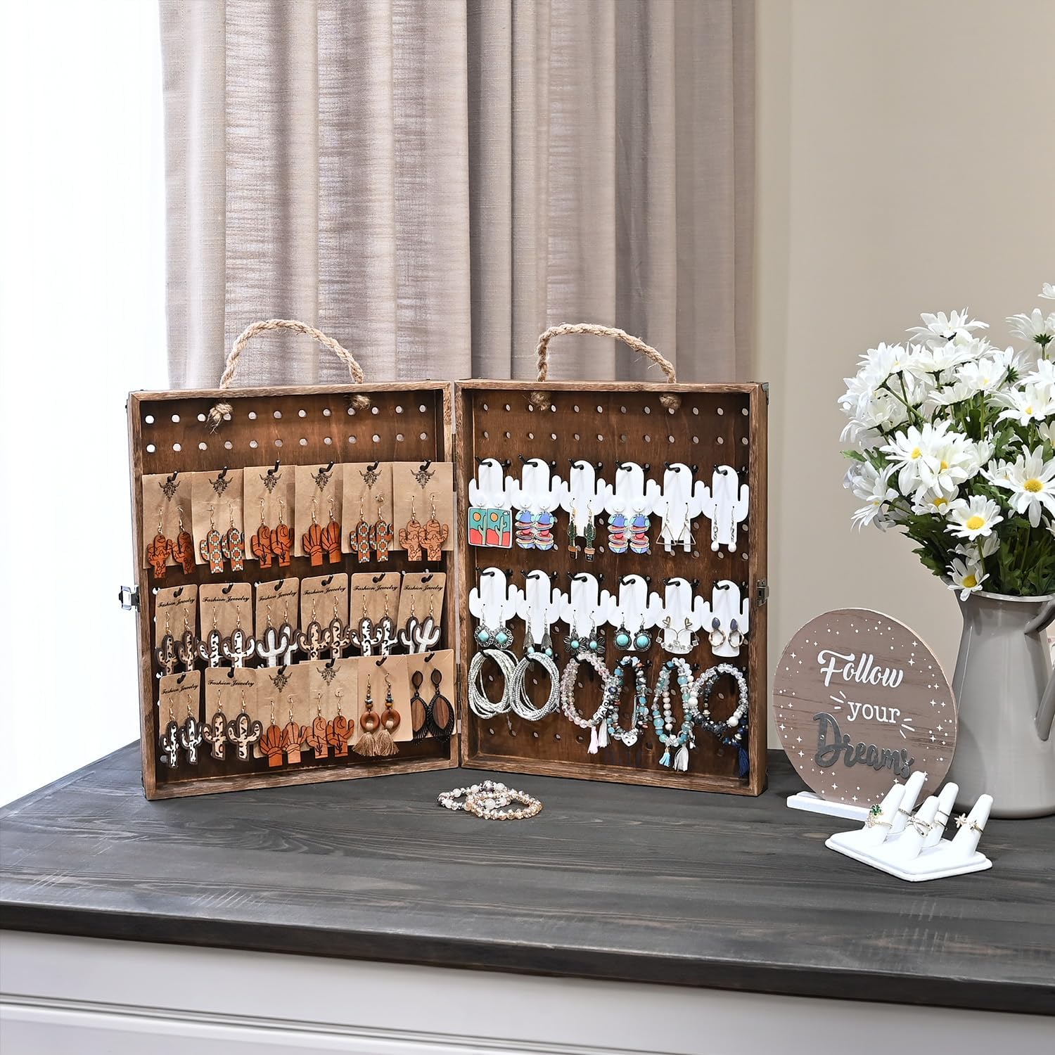 MOOCA Wooden Foldable and Portable 2 Panel Pegboard Jewelry Display Organizer with 48 Removable Black Metal Hooks & Convenient Rope Handle for Easy Carrying, Dual-Sided Panels for Hanging, Brown Color