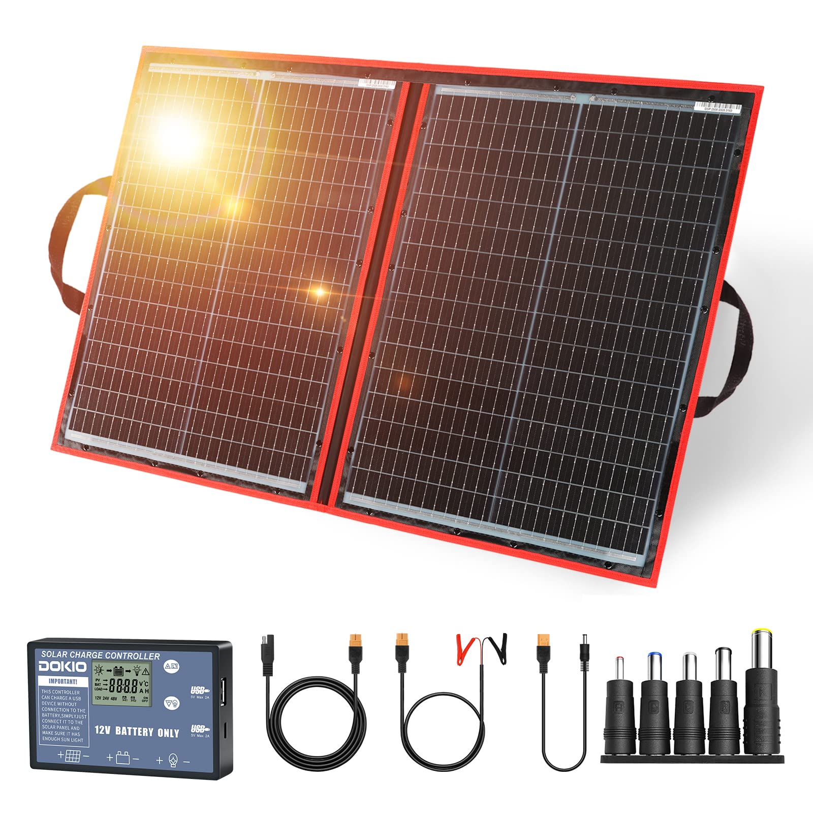 DOKIO Solar Panel 110W 18V Foldable USB Output Monocrystalline Ultra Lightweight 5 Types of DC Plug Smartphone 12V Battery Portable Power Supply Compatible Camping Sleeping in the Car Outdoor