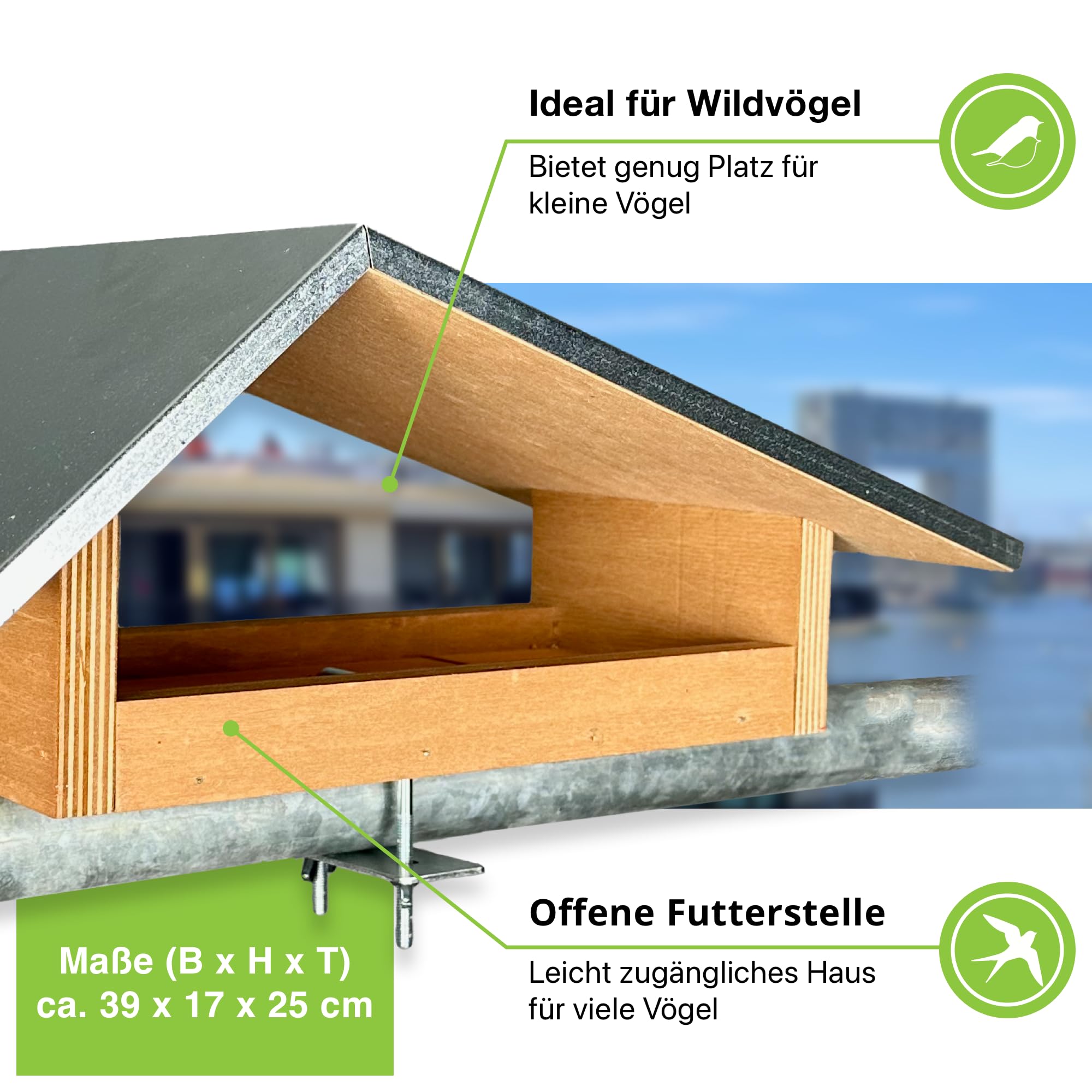 GARTENETAGE Balkon-Futterstelle aus wetterfestem Naturholz, Metalldach, einfache Montage, robuste Befestigung – Ideales Vogelhaus für den Balkon, modernes Design, exklusiv