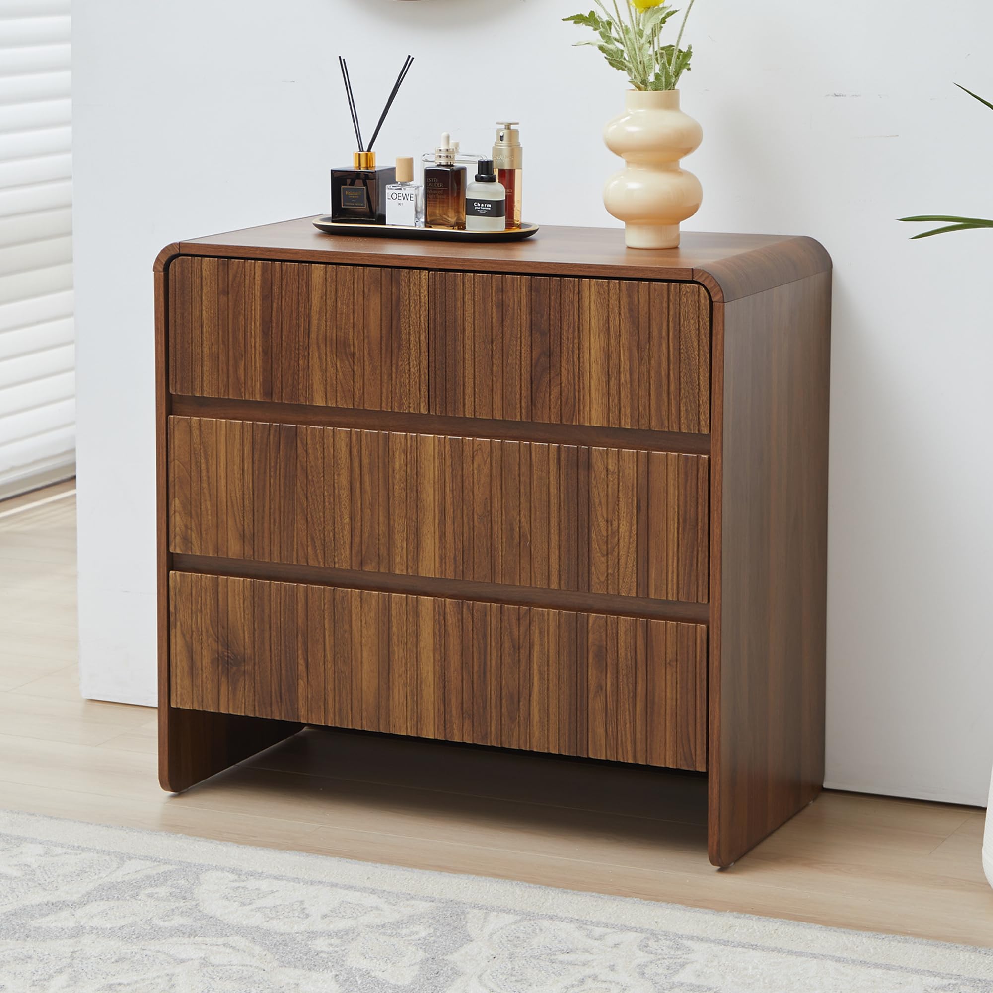 FurSch Fluted 3 Drawer Dresser for Bedroom,Mid Century Modern Wide Chest of Drawer,Curved Edge Wood Closet Dresser Nightstand for Bedroom Living Room
