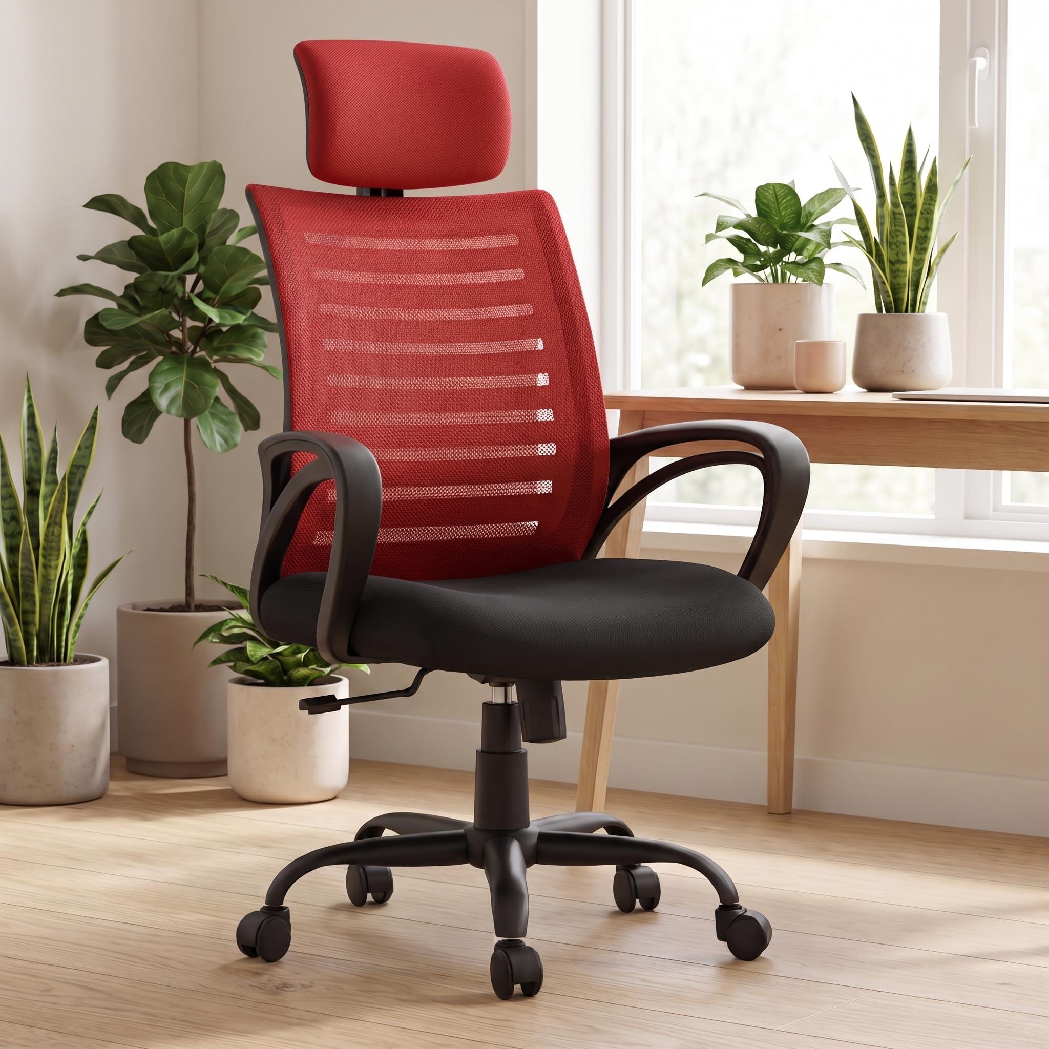 INNOWIN Mini Jazz Mesh High-Back Ergonomic Home Office Chair | 3-Years Limited Warranty Included | Tilting & Height Adjustable Mechanism, Heavy Duty Metal Base | Ideal for Office Work & Study (Red)