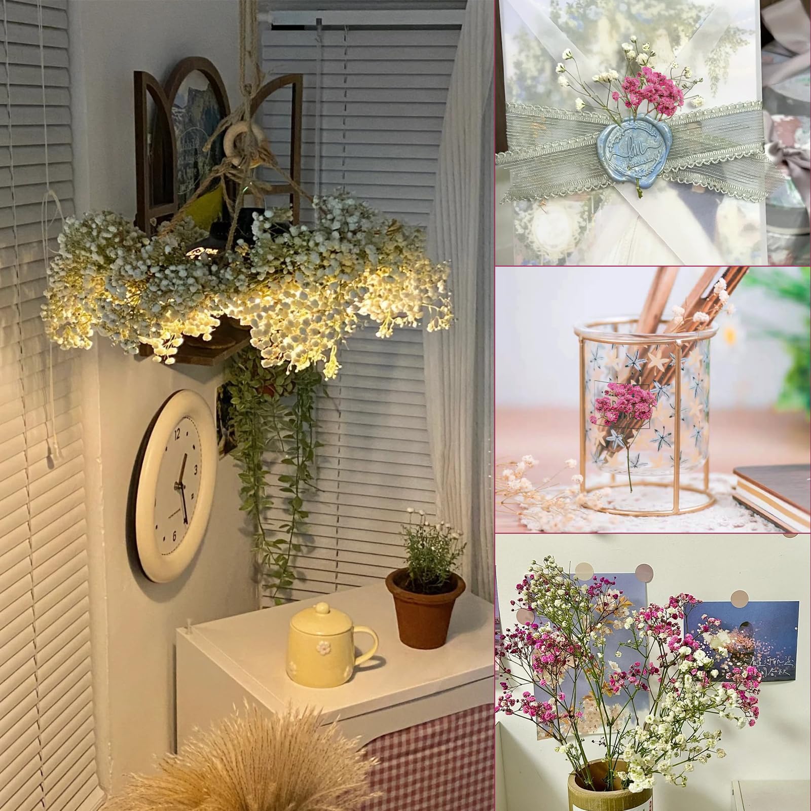 Gypsophila 120pz Gypsophila Essiccata Bianco Rosa Fiori Secchi Fiori Mini Fiori Secchi Decorativi Piccoli con Pinzetta, Resina, Candela, Aromaterapia, Biglietto di Guguri
