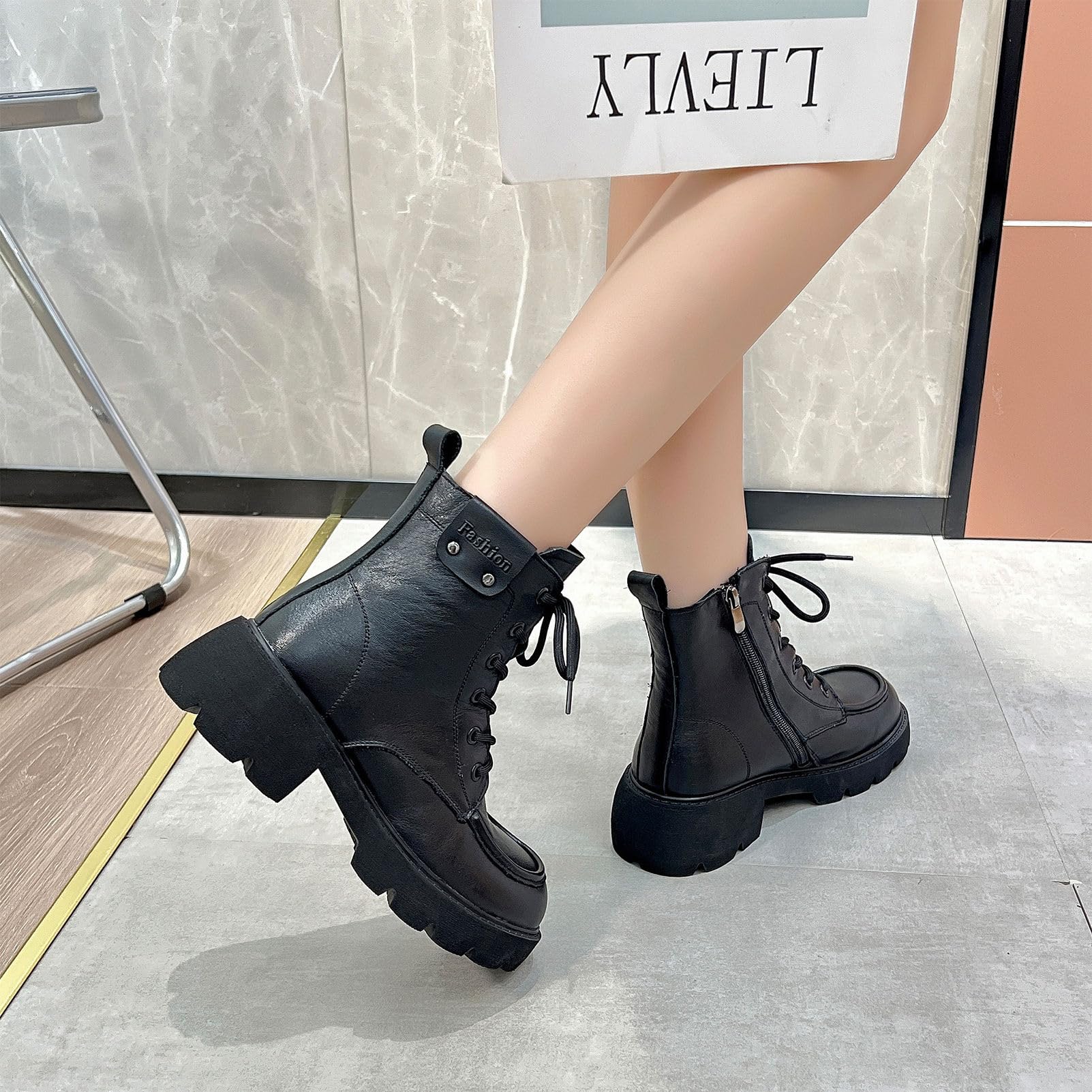 rismart Mujer Cordones Botas de Tobillo con Zip Talón Grueso Punta Redonda Cuero Botas de Combate