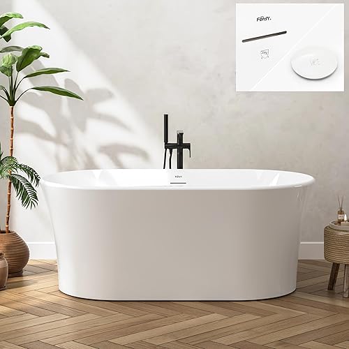 Miniatura 69 de FerdY Bali - Bañera de acrílico independiente, bañera de inmersión independiente con forma graciosa, certificado CUPC blanco brillante, drenaje