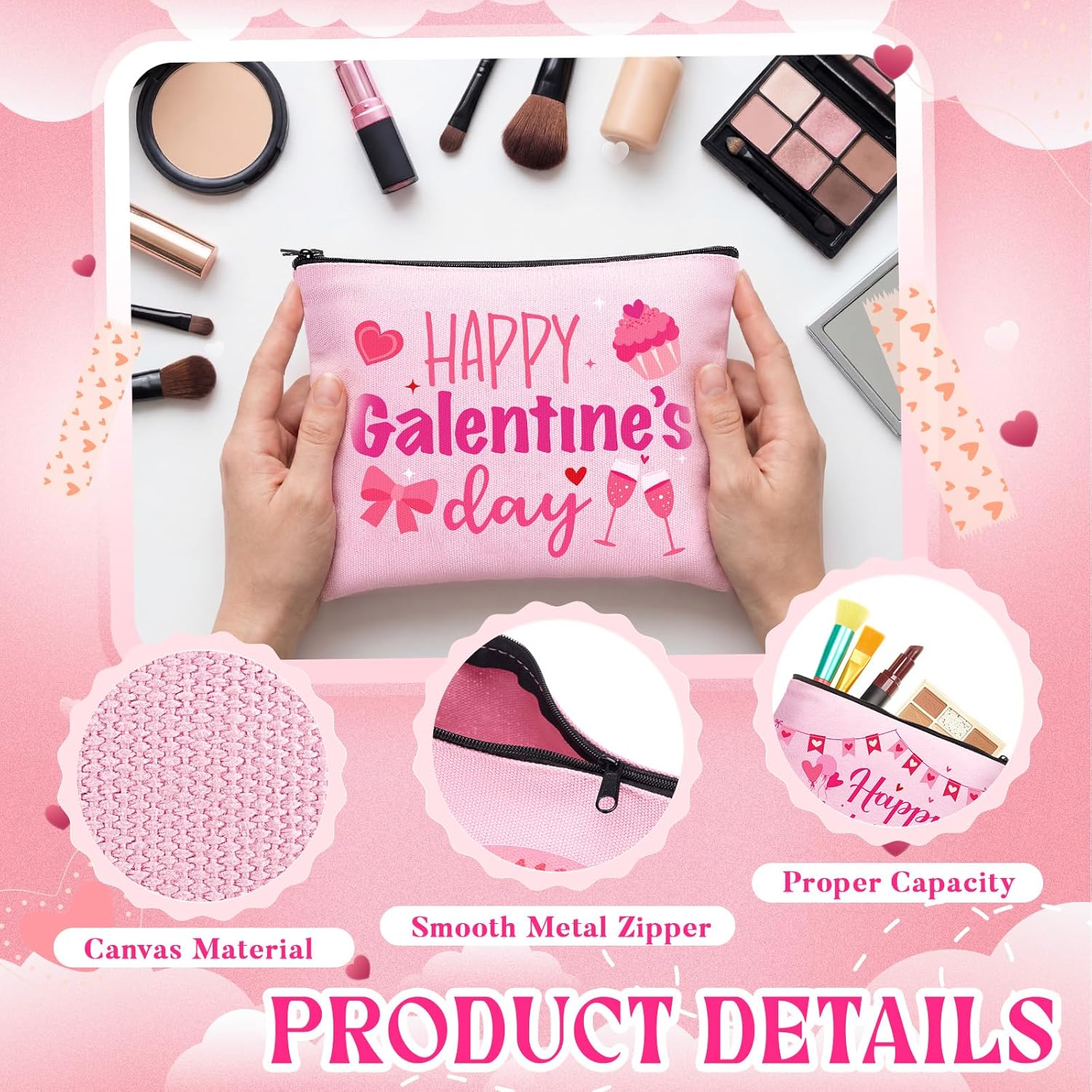 Abbylike 12 Pcs Galentine's Day Makeup Bags Gifts Bulk Galentines Gift Bags Valentine's Day Canvas Cosmetic Bag Gifts for Women Girls Ladies Celebration Friendship Galentines Party Favors Supplies