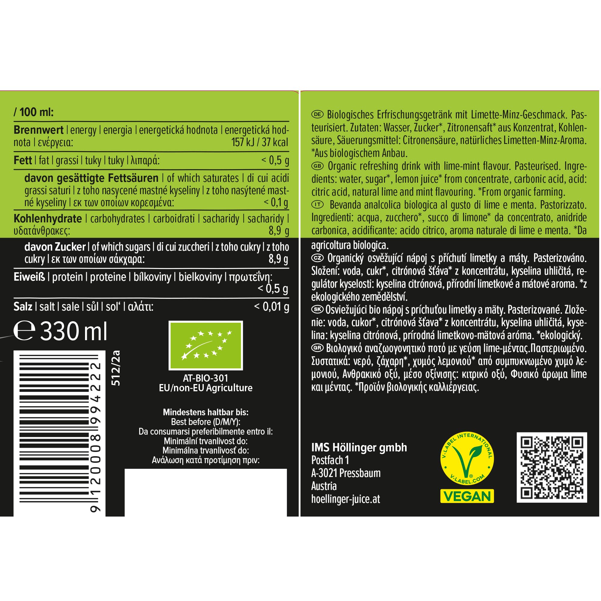 Höllinger Bio Mojito Sans Alcool, Lime et Menthe, Pack de 12 Bouteilles en Verre, 330ml, Boisson Végétalienne Organique