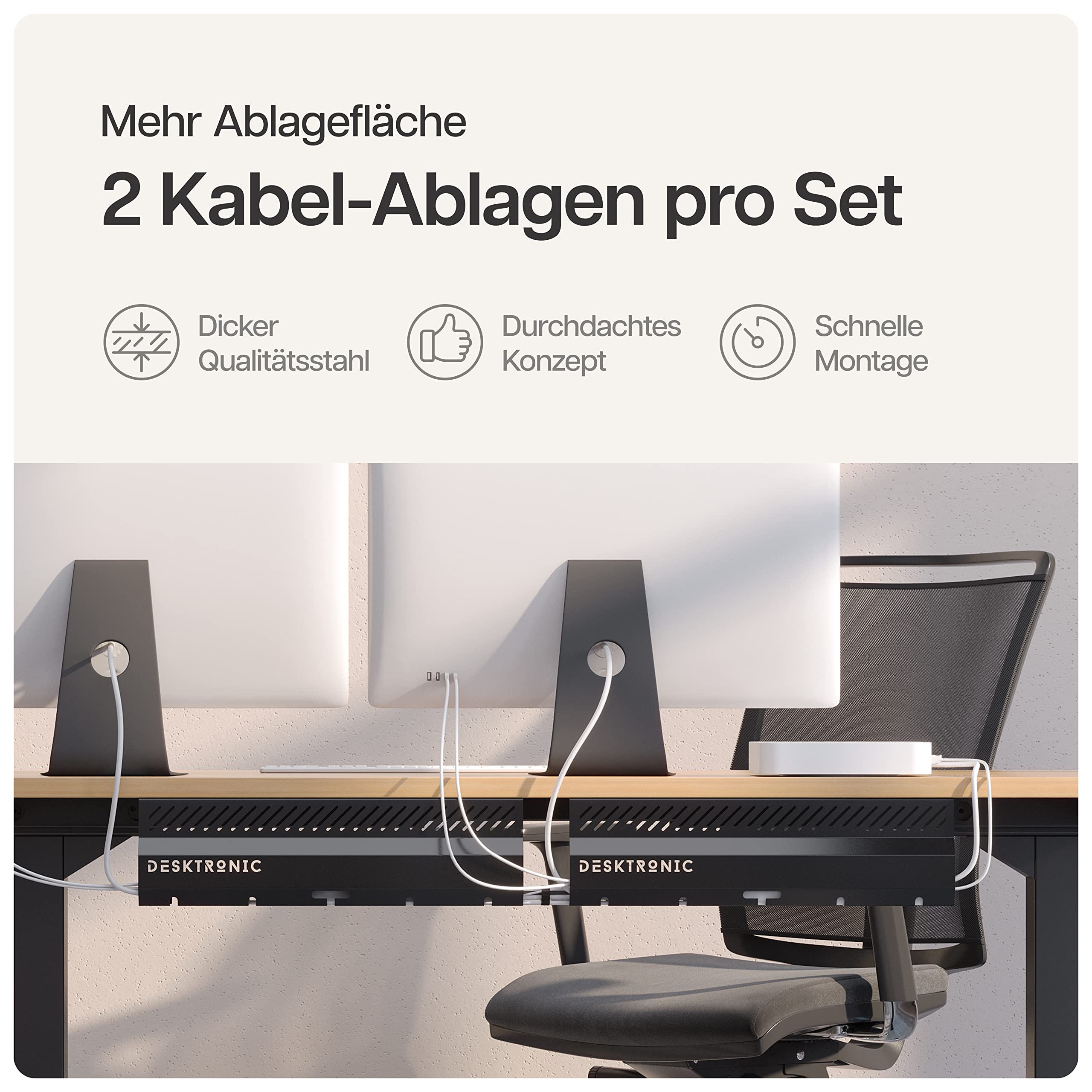 Kabelkanal Schreibtisch Schwarz 2er Set - Edelstahl Kabelmanagement Schreibtisch Kabelkanal mit 5 Kabelausschnitten - Einfach zu Installierender Kabel-Organizer - Kabelhalter von Desktronic