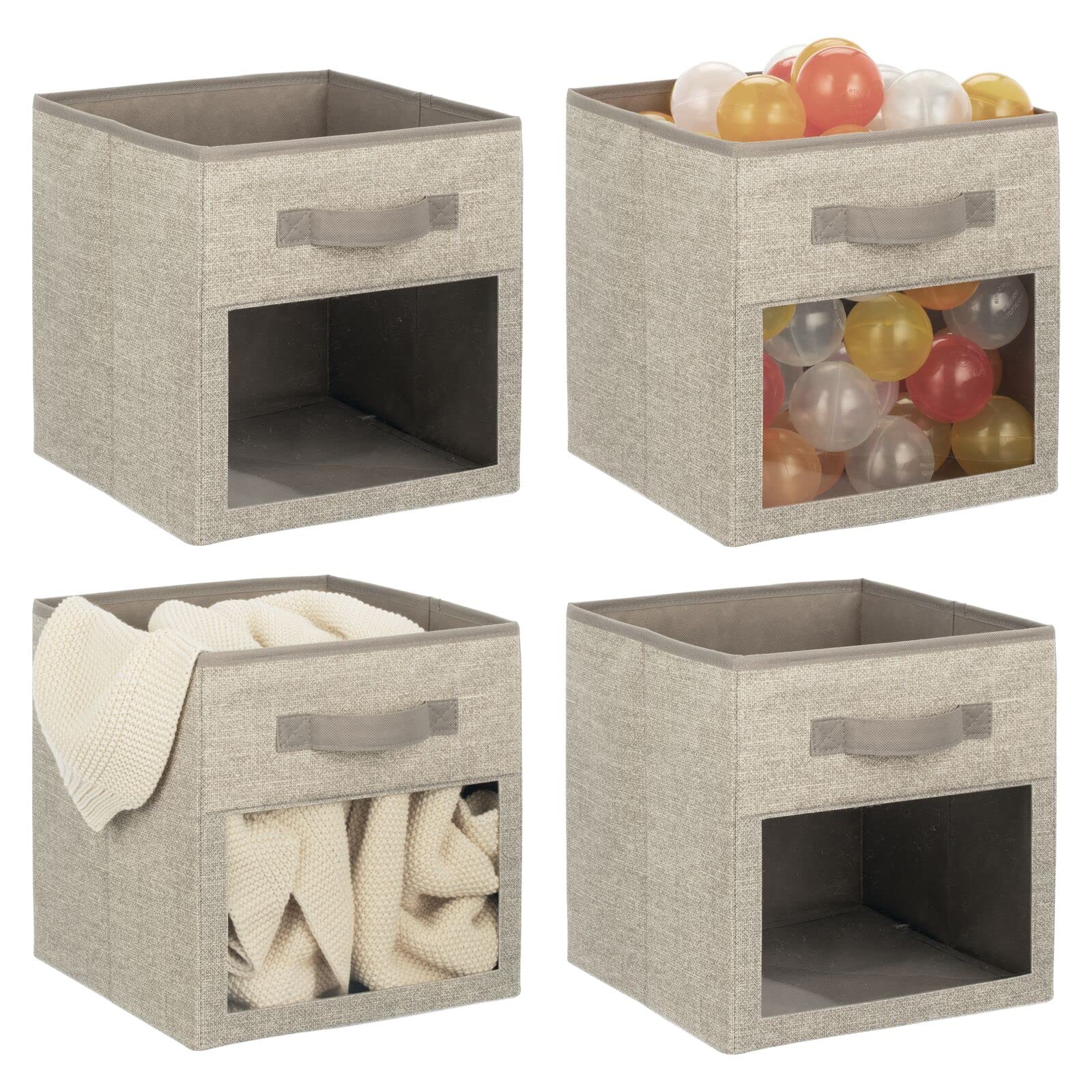 mDesign Fabric Nursery/Playroom Closet Storage Organizer Bin Box with Front Handle/Window for Cube Furniture Shelving Units, Hold Toys, Clothes, Diapers, Bibs, Lido Collection, 4 Pack, Linen/Tan