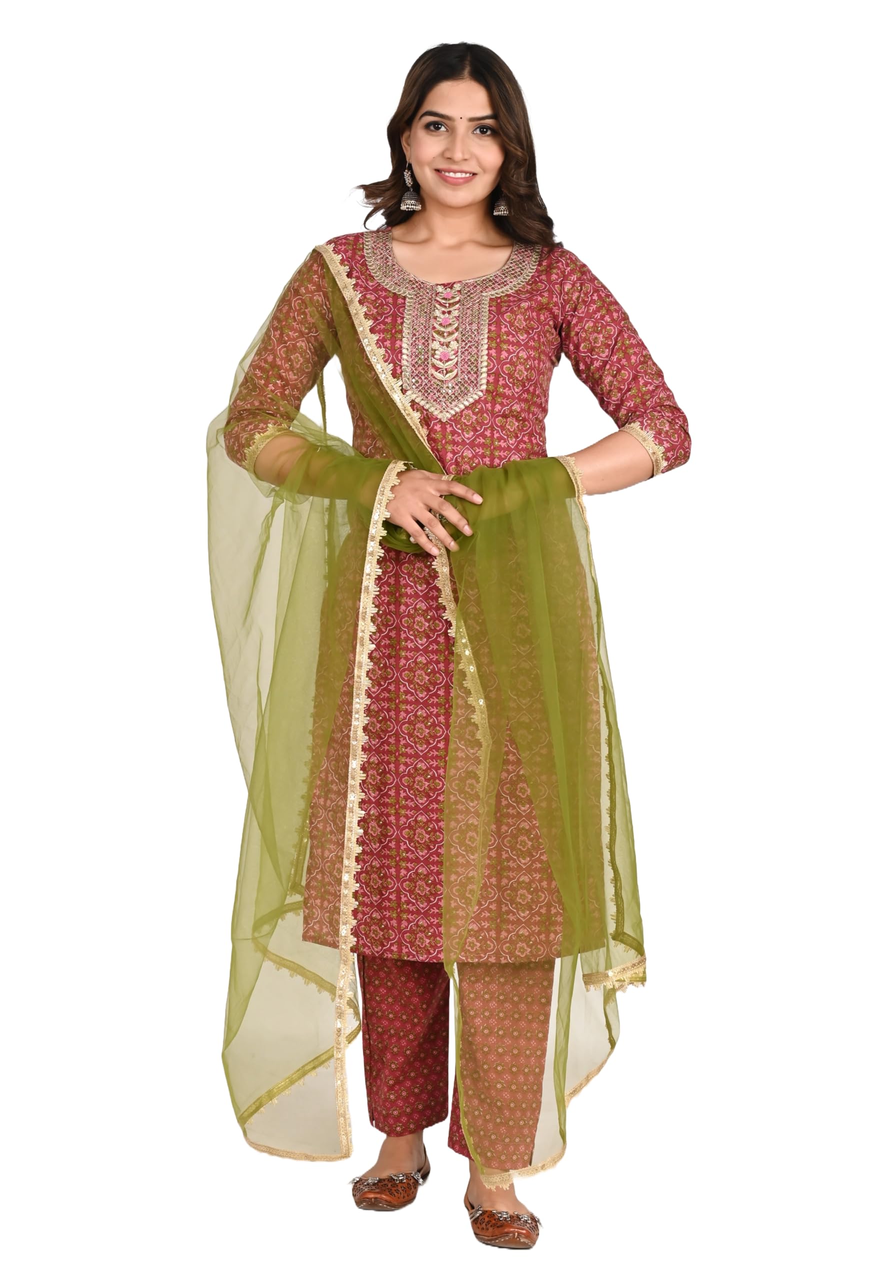 ream Women's Floral Print With Zari Embroidered Work Straight Cotton Kurta, Pant With Net Dupatta Set-picture-13